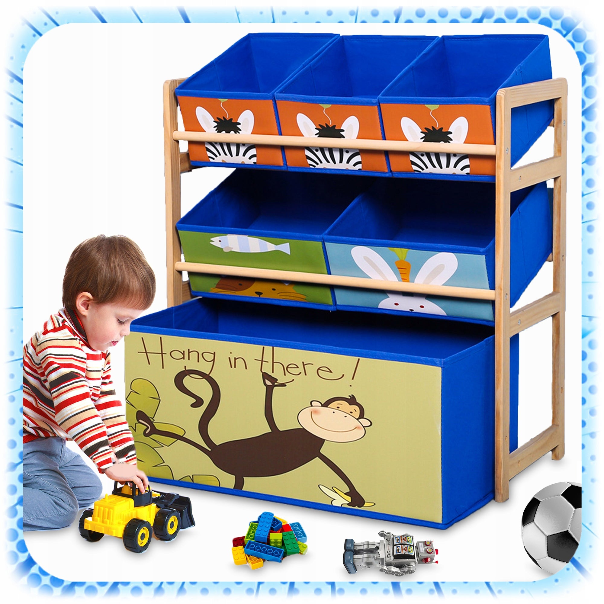 WOODEN TOY CONTAINER CHILDREN'S BOOKCASE ORGANIZER 6x TEXTILE SHELVES Manufacturer code 007318