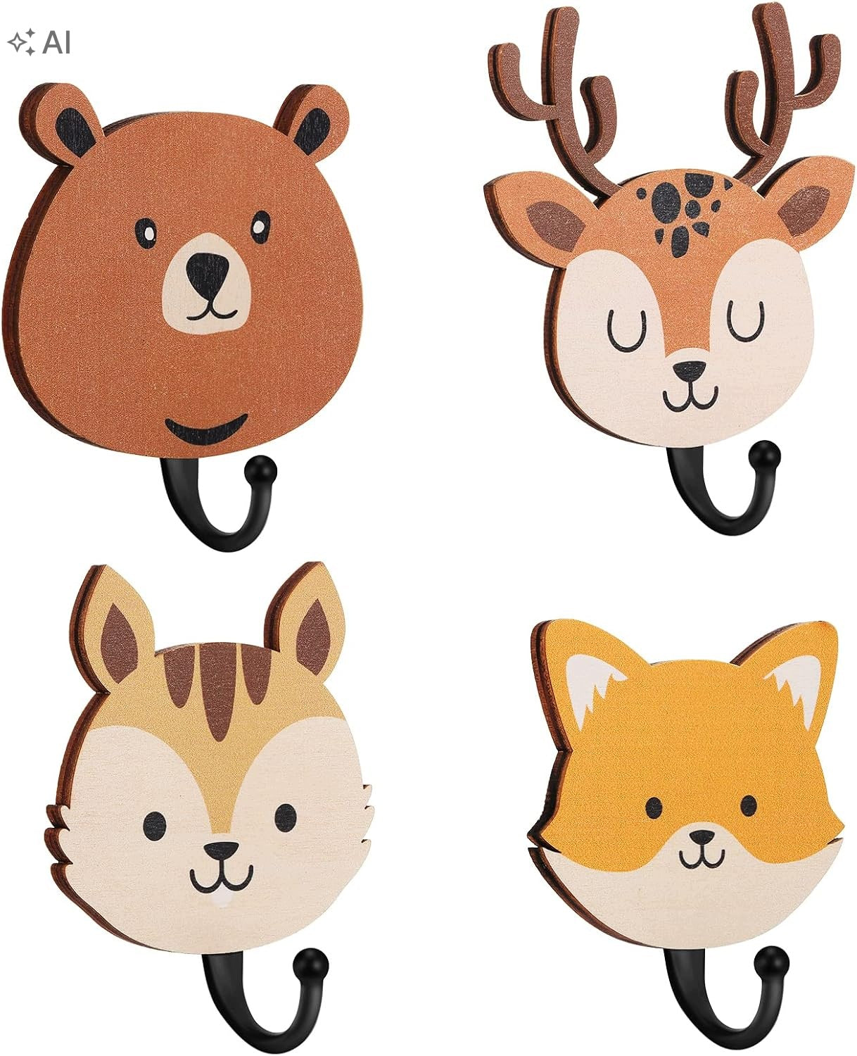 WOODEN WALL HOOKS FOR CHILDREN 4 PCS ANIMALS SET