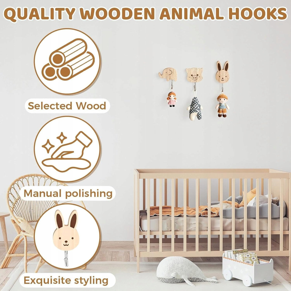 WOODEN WALL HOOKS FOR CHILDREN 8 PCS ANIMALS SELF-ADHESIVE SET Brand no brand