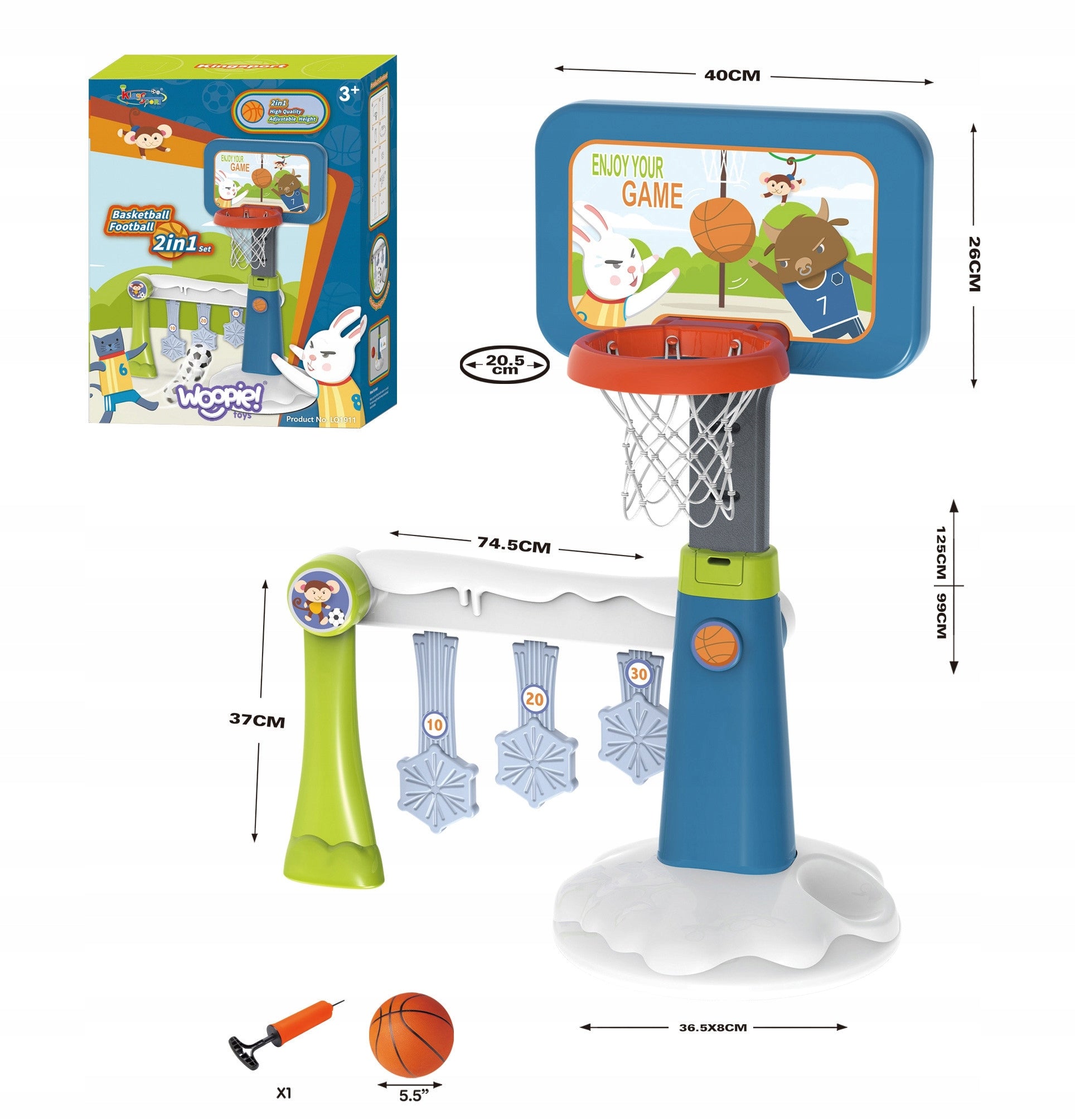 WOOPIE Set of 2in1 Basketball Football Goal + Ball + Pump Kid's age 3+ years