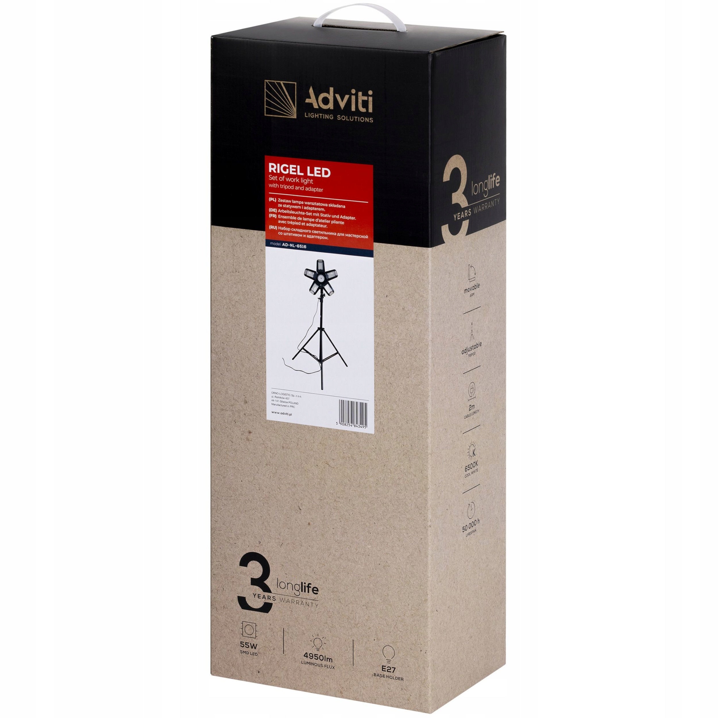 WORK LAMP HALOGEN CONSTRUCTION TRIPOD LED STAND 55W 6500K + CABLE 2m Manufacturer code AD-NL-6516