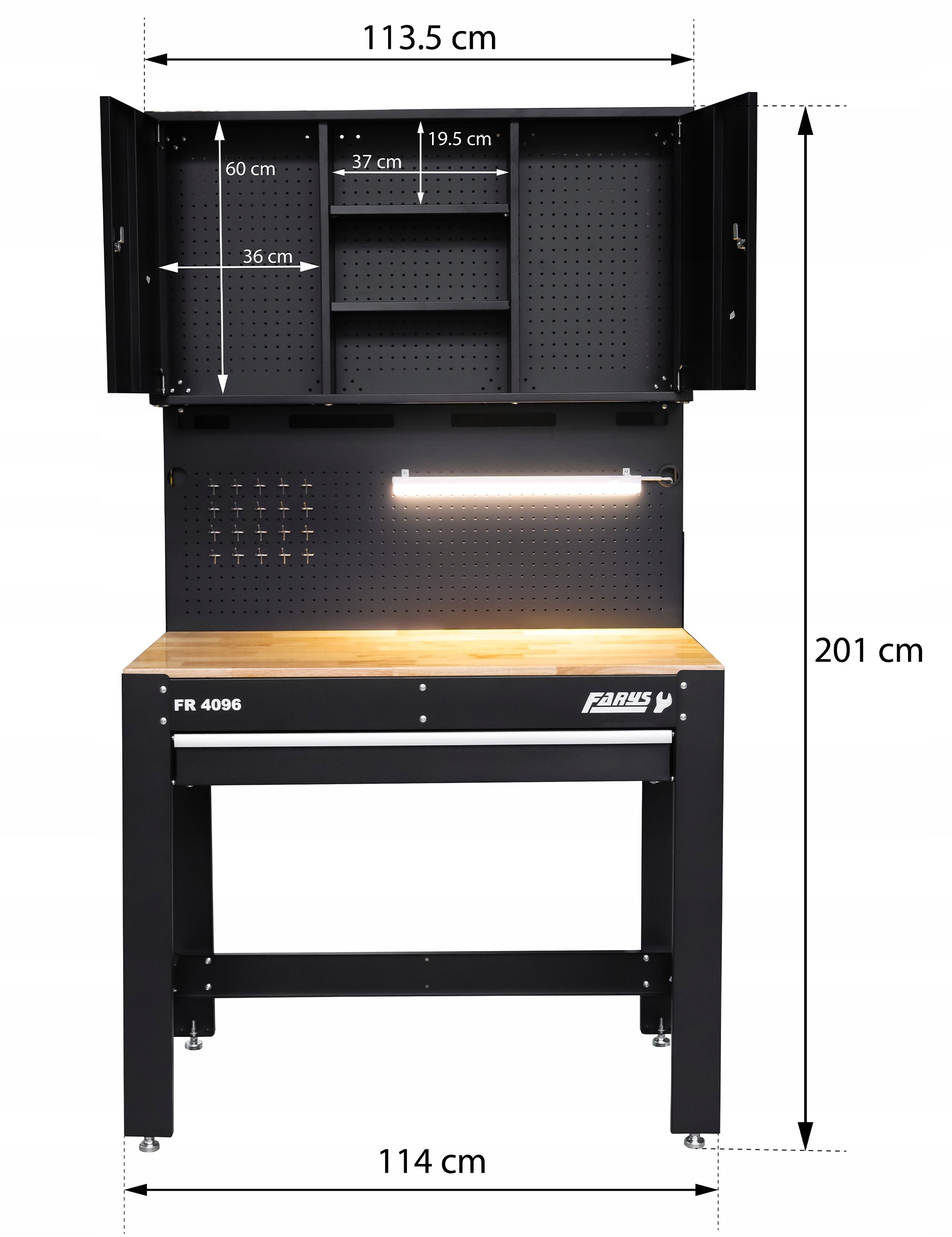 WORKBENCH TOOL CABINET EXTENSION LED GARAGE FARYS + 20 HOOKS Product height 201 cm