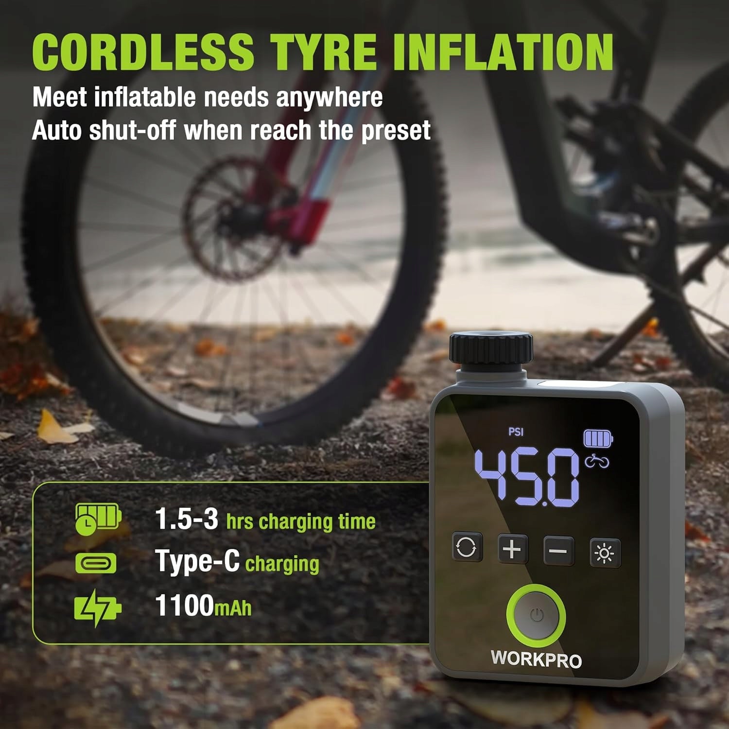 WORKPRO ELECTRIC MINI BICYCLE PUMP 140 PSI WIRELESS WITH LED Packaging status original
