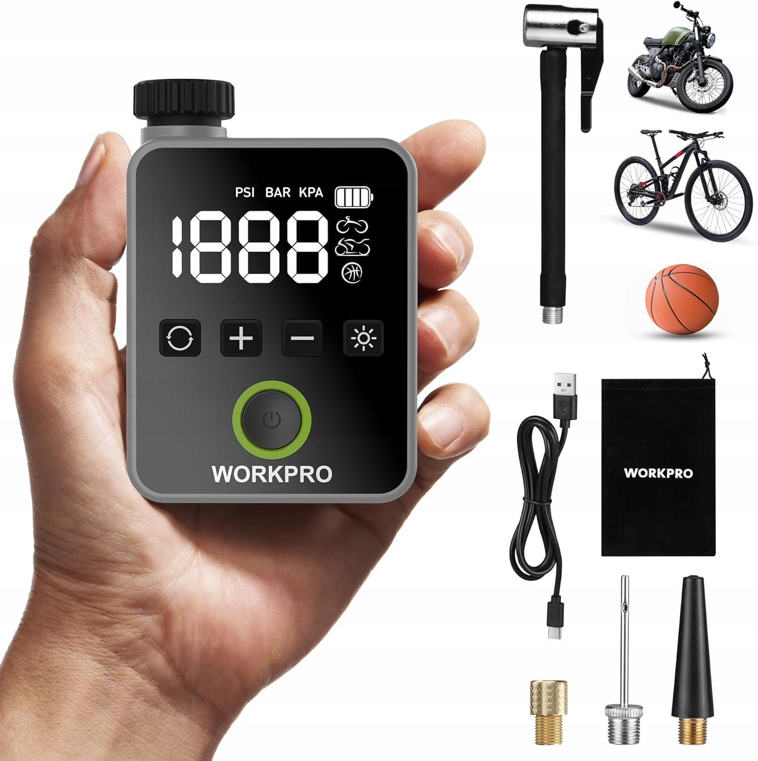 WORKPRO ELECTRIC MINI BICYCLE PUMP 140 PSI WIRELESS WITH LED