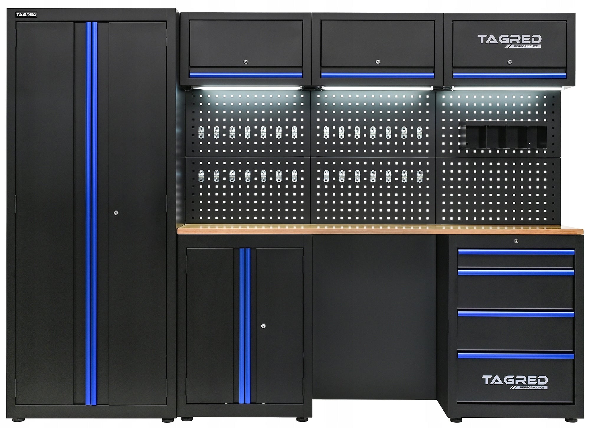 WORKSHOP FURNITURE FOR TOOLS WARDROBE FOR GARAGE WORKSHOP 7 LED MODULES Product width 260 cm
