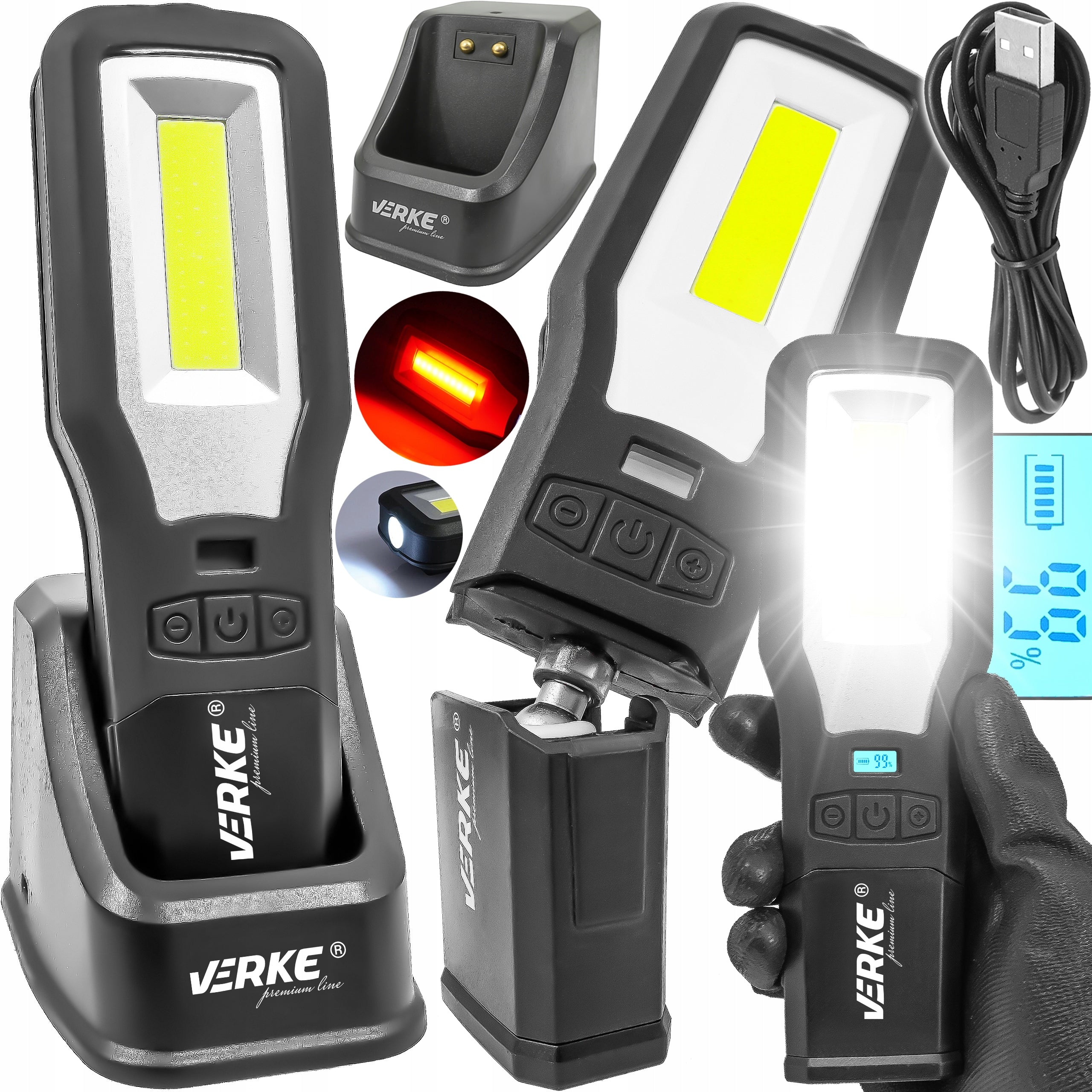 WORKSHOP LAMP WORKING LED COB RECHARGEABLE FLASHLIGHT WITH BASE USB HOOK