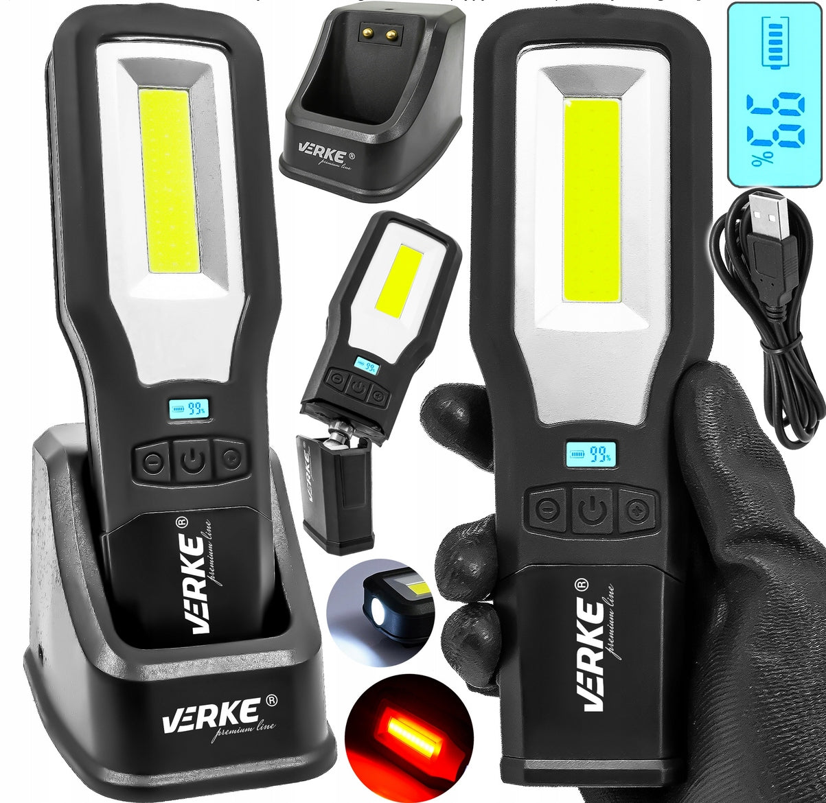 WORKSHOP LAMP WORKING LED COB RECHARGEABLE FLASHLIGHT WITH BASE USB HOOK