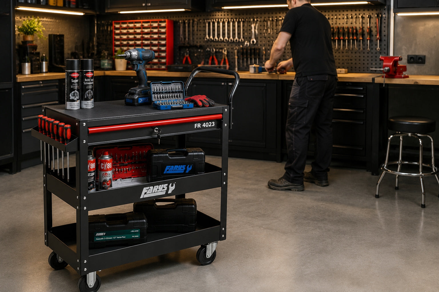WORKSHOP TOOL TROLLEY ON WHEELS 3 SHELVES DRAWER FARYS Brand Farys