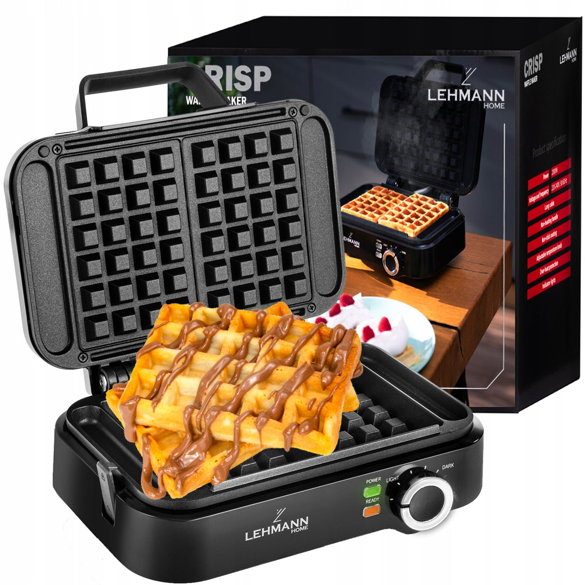 Waffle Iron 2000W For 2 Large Waffles Temperature Control Strong Non Leaking