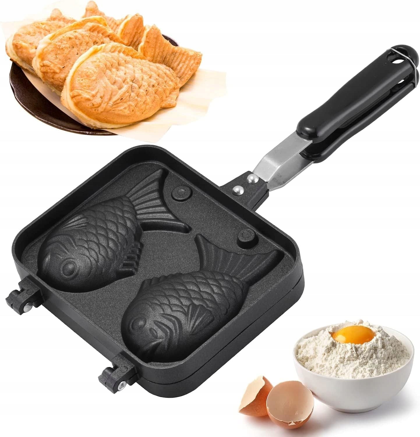 Waffle Iron Fish Pan Aluminum 2L Black for Induction