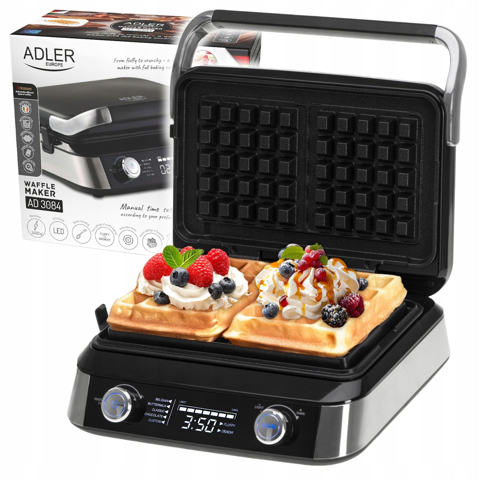 Waffle Iron For 2 Large WAFFLES XL 2400W 5 Programs Deep Plates Adjustable °C