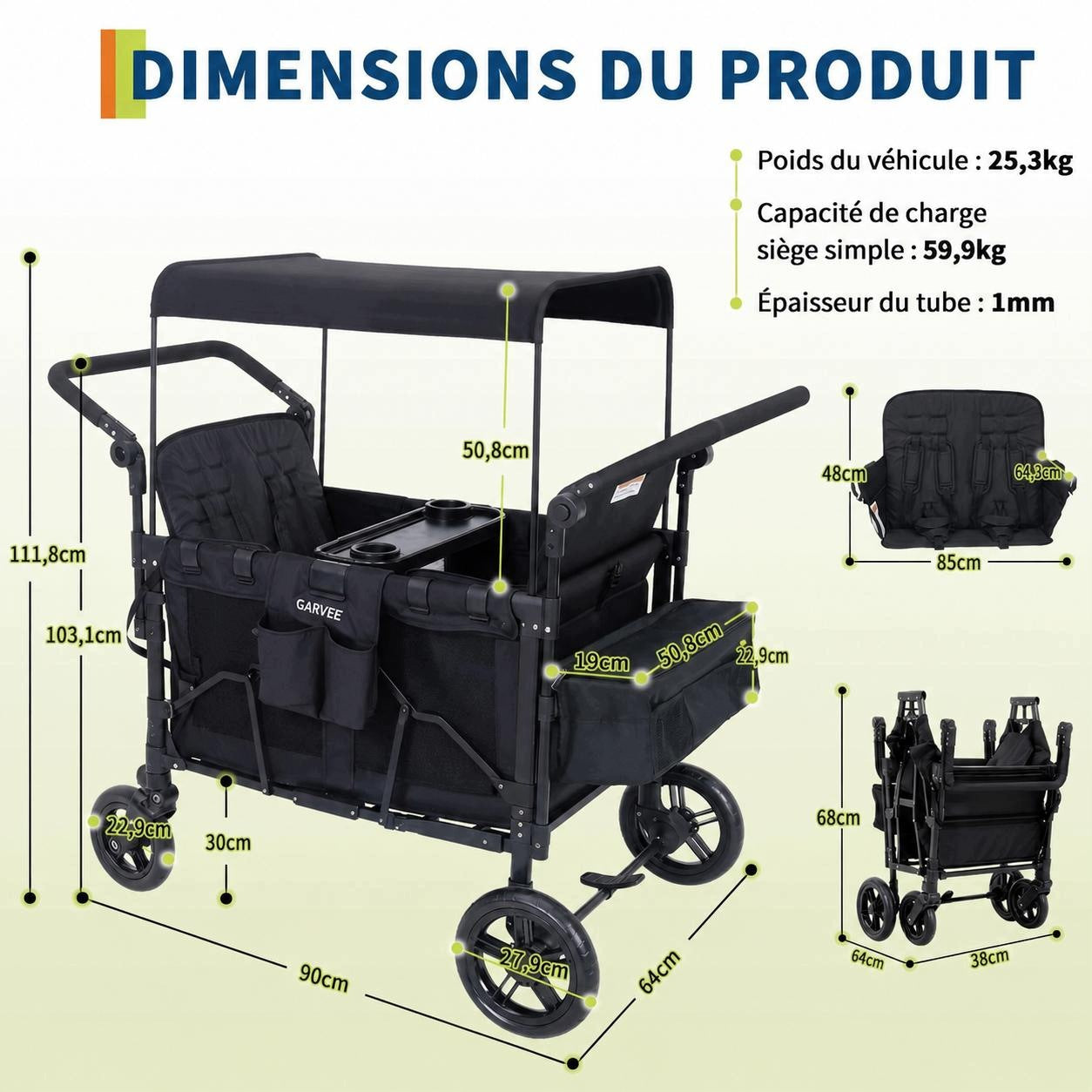 Wagon Stroller, 4 Seater, Canopy, Push, Pull Handle, Fold, Black Brand no brand