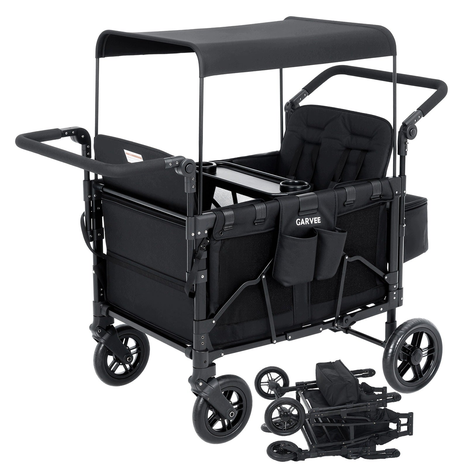 Wagon Stroller, 4 Seater, Canopy, Push, Pull Handle, Fold, Black