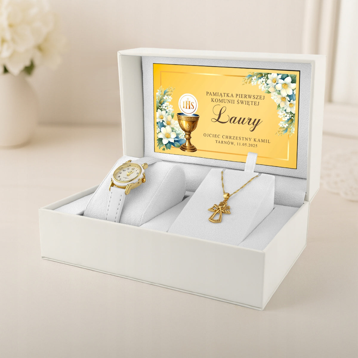 Watch Communion Gift for Girls White with Engraving Angel Necklace Brand Perfect