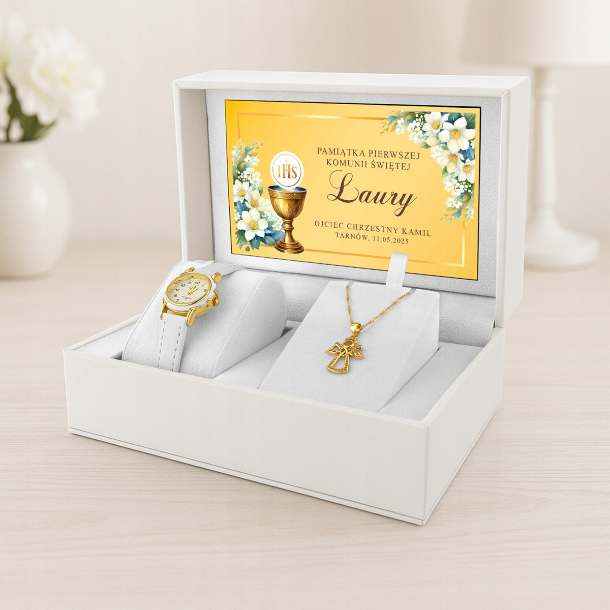 Watch Communion Gift for Girls White with Engraving Angel Necklace Packaging status original