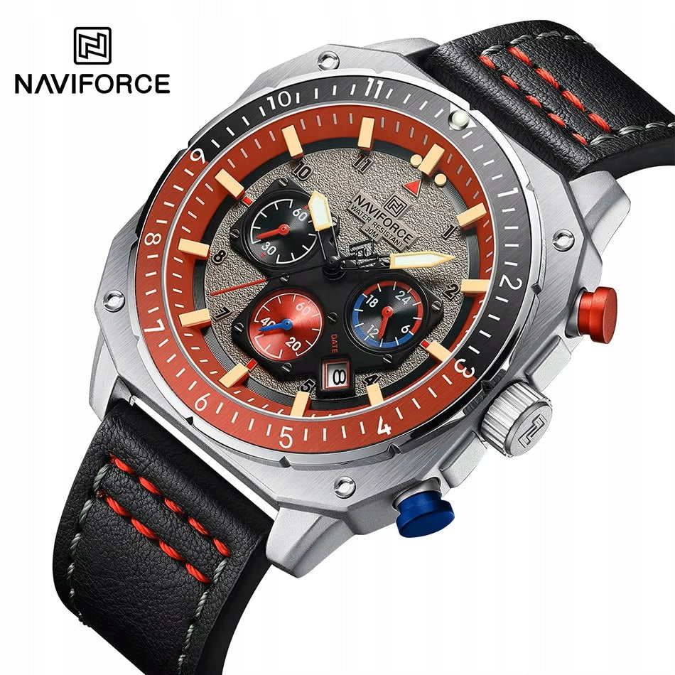 Watch Naviforce military Day-Date chronograph men's leather strap box