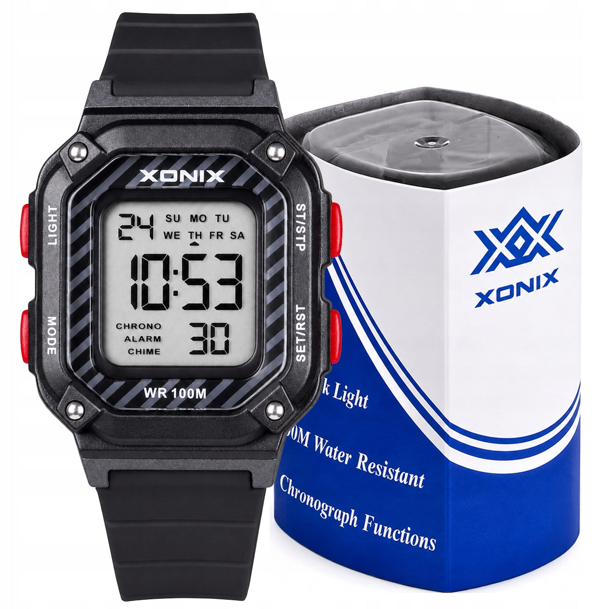 Watch XONIX sports black 10 ATM timer stopwatch chronograph WR100 BBQ 007