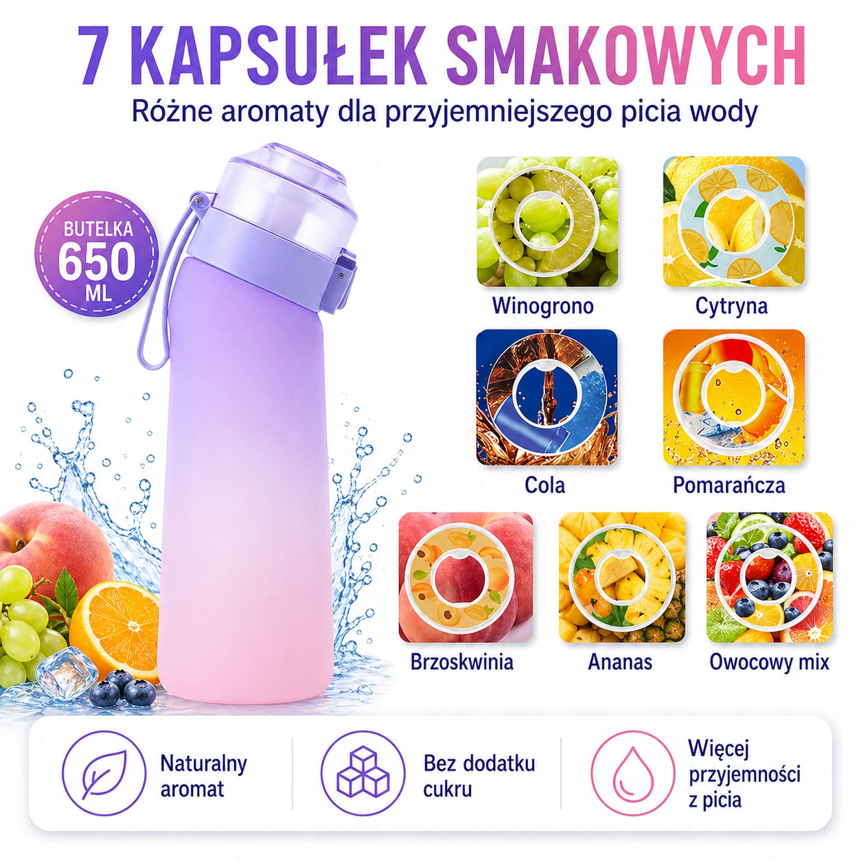 Water Bottle 650ml Purple Gradient 7 Refills Manufacturer code DUŻA BUTELKA NA WODĘ