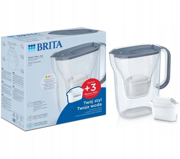 Water Filter Jug Brita Style Essential 2,4L 3 Cartridges Grey