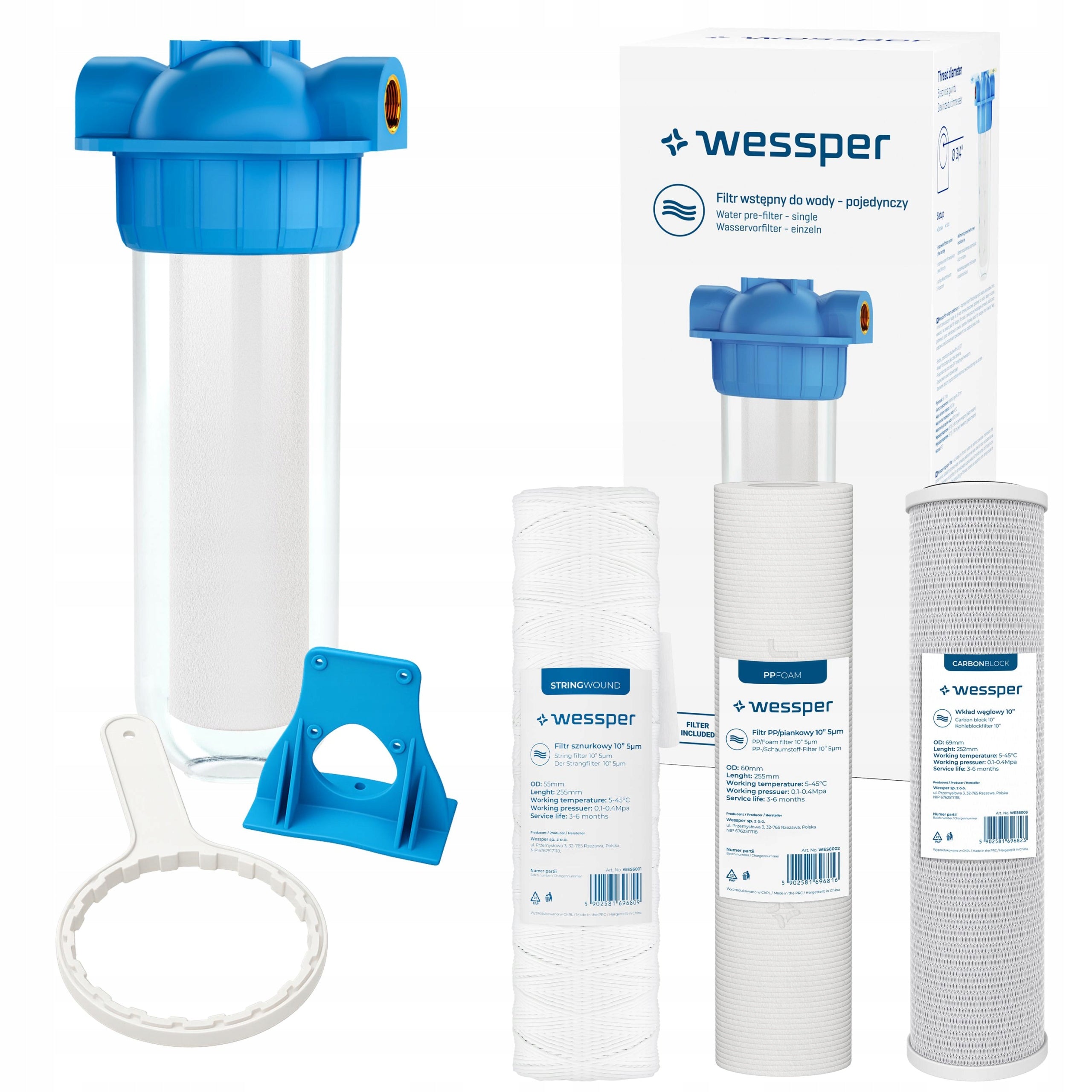 Water Filter Pre-Body 3/4 Inch + Wrench + Handle + 4x Cartridge 10" Filter