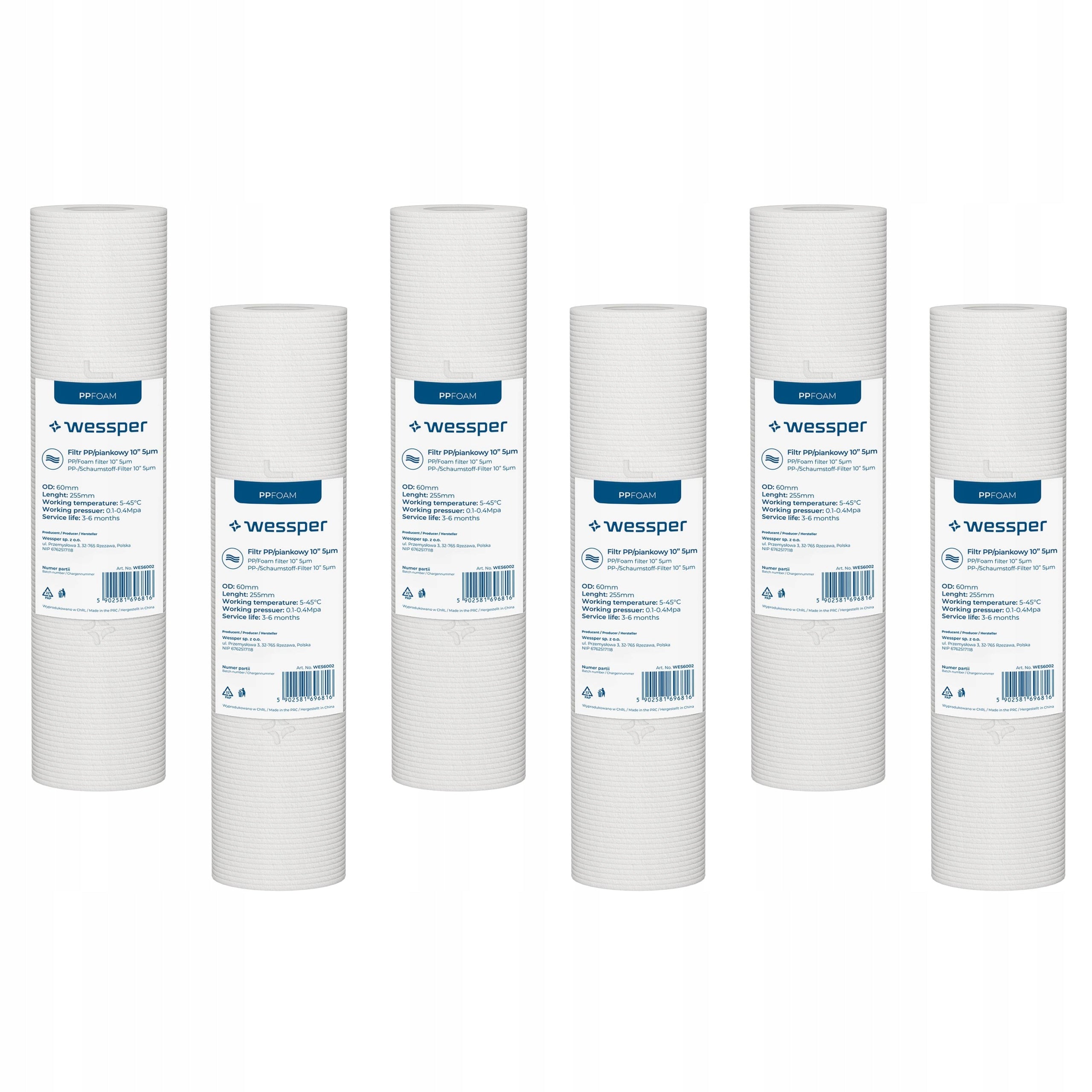 Water Filter Pre-Filter 10" Filtration 5 Micron PP5 6 Pieces Brand Wessper