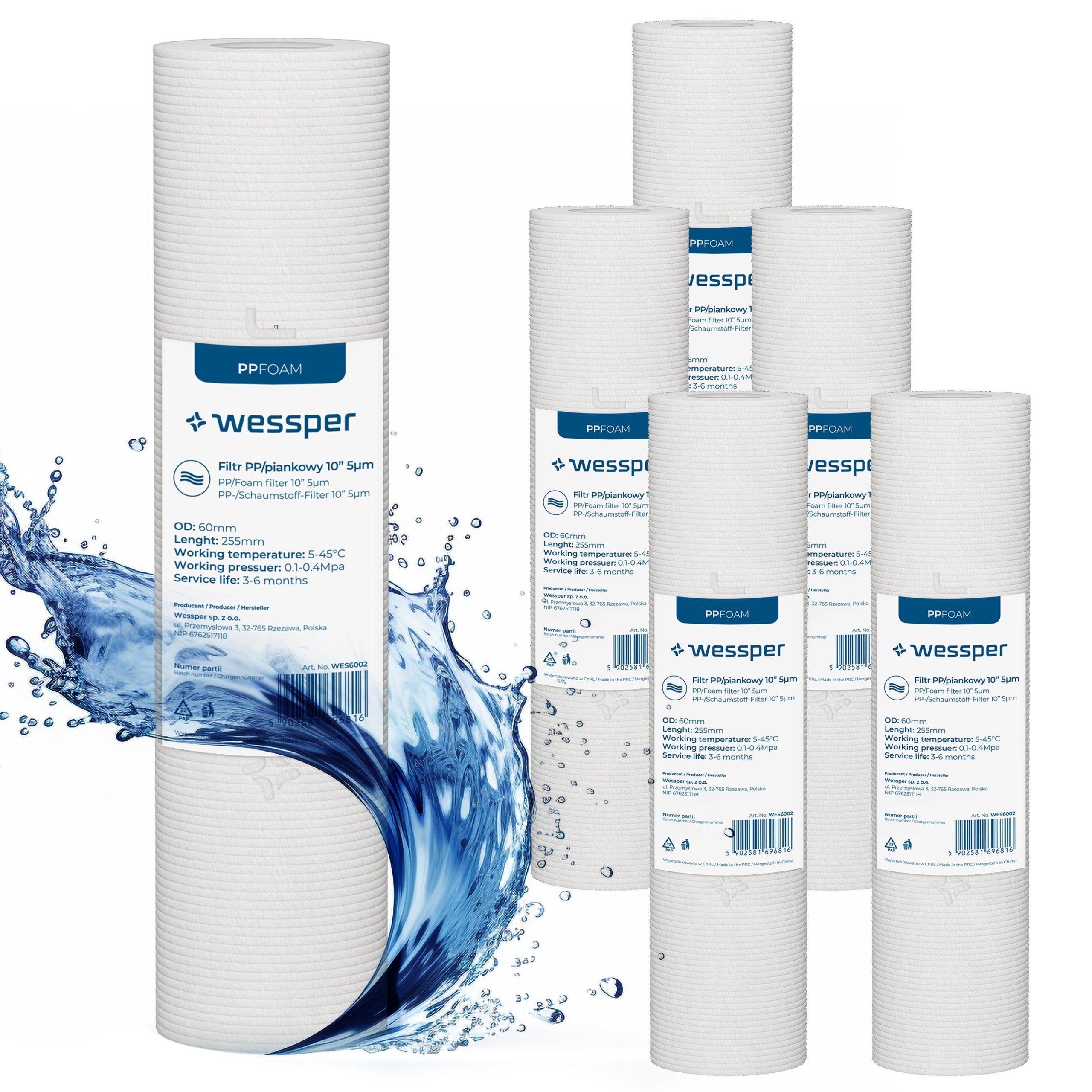 Water Filter Pre-Filter 10" Filtration 5 Micron PP5 6 Pieces