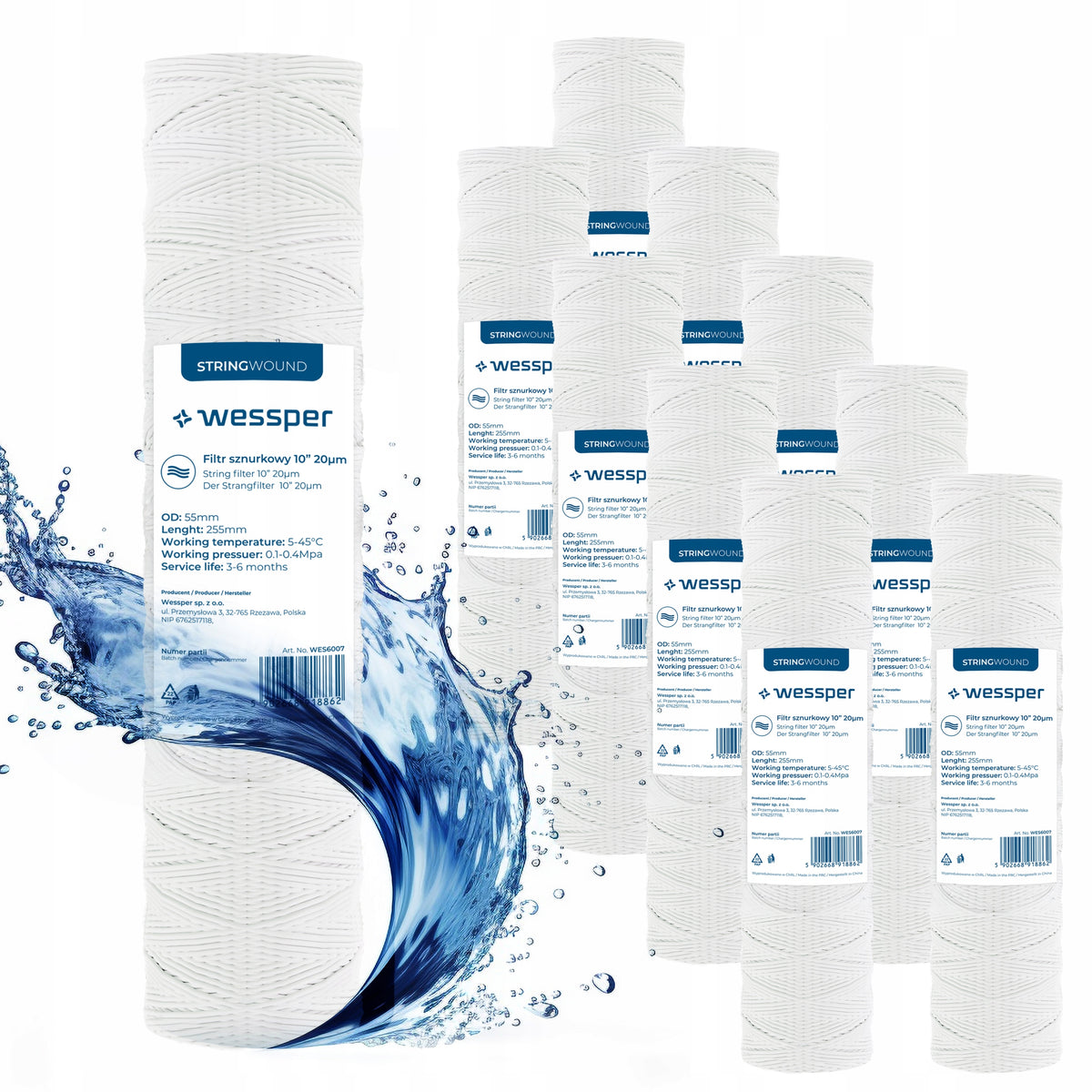 Water Filter Pre-String Cartridge 10" Filtration 20 Micron PP20 10 Pieces