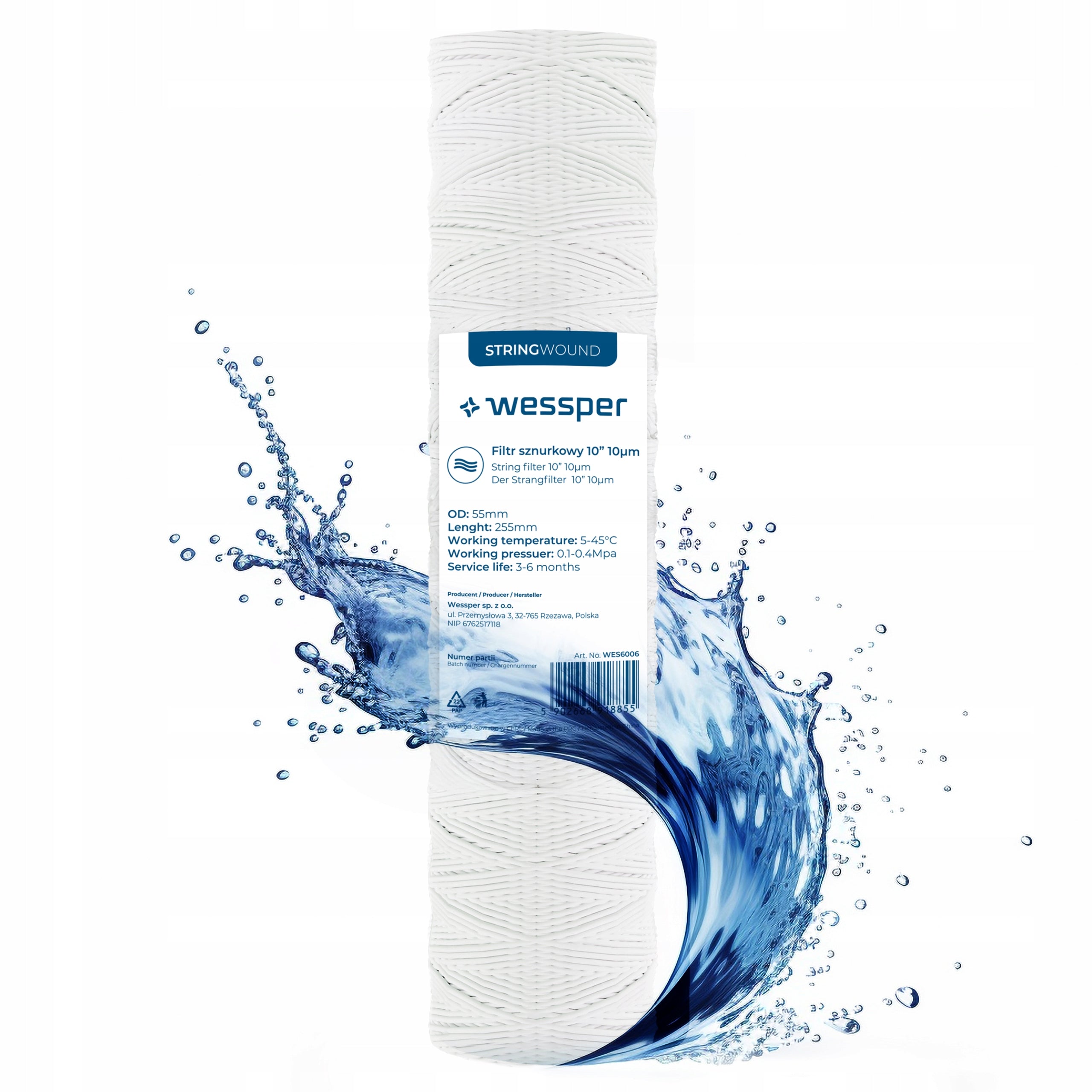 Water Filter Pre-String Cartridge for Pre-Filtering 10" 10 Micron