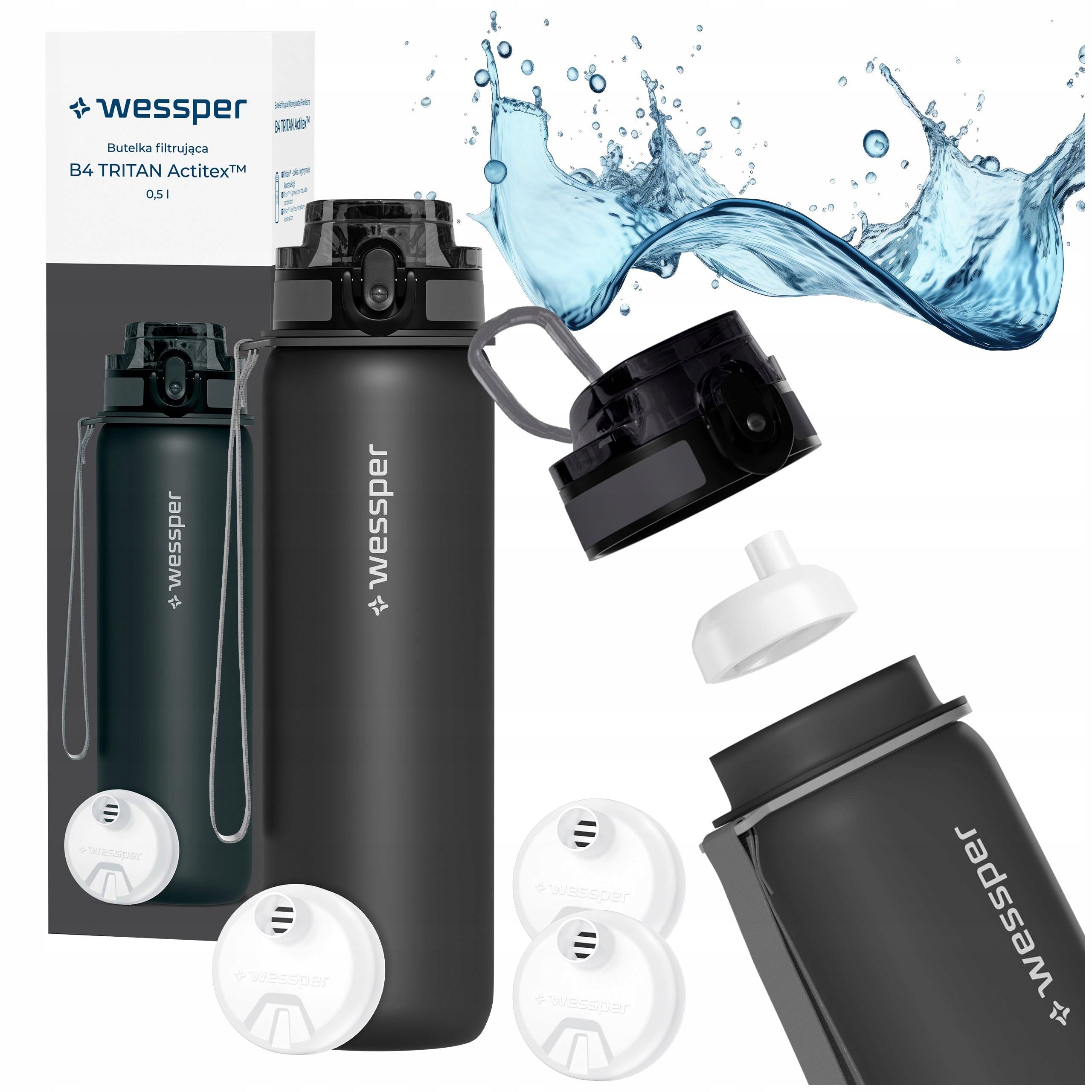 Water bottle tritan water bottle filter bottle Wessper B4 0,5L + 3x filter