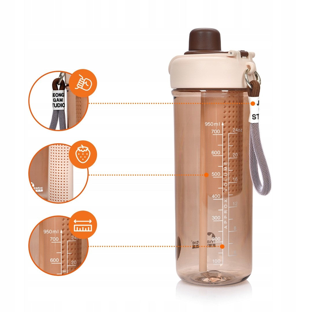 Water bottle with fruit strainer straw mouthpiece water bottle BPA free 950 ml Additional features straw handle mouthpiece fruit compartment BPA-free water consumption indicator