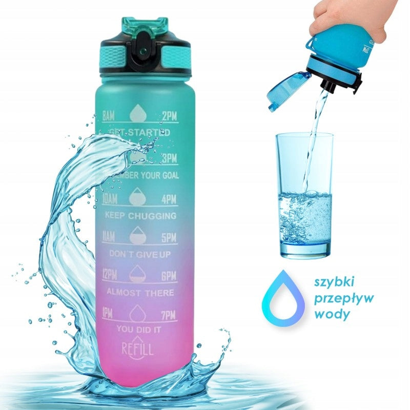 Water bottle with measuring cup and straw 1L OMBRE Green with Rose