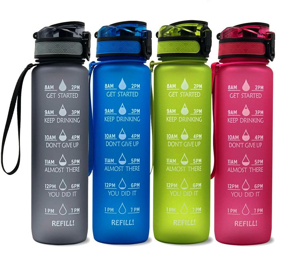 Water bottle with motivational measuring cup 1 liter for gift Sports bottle Color black