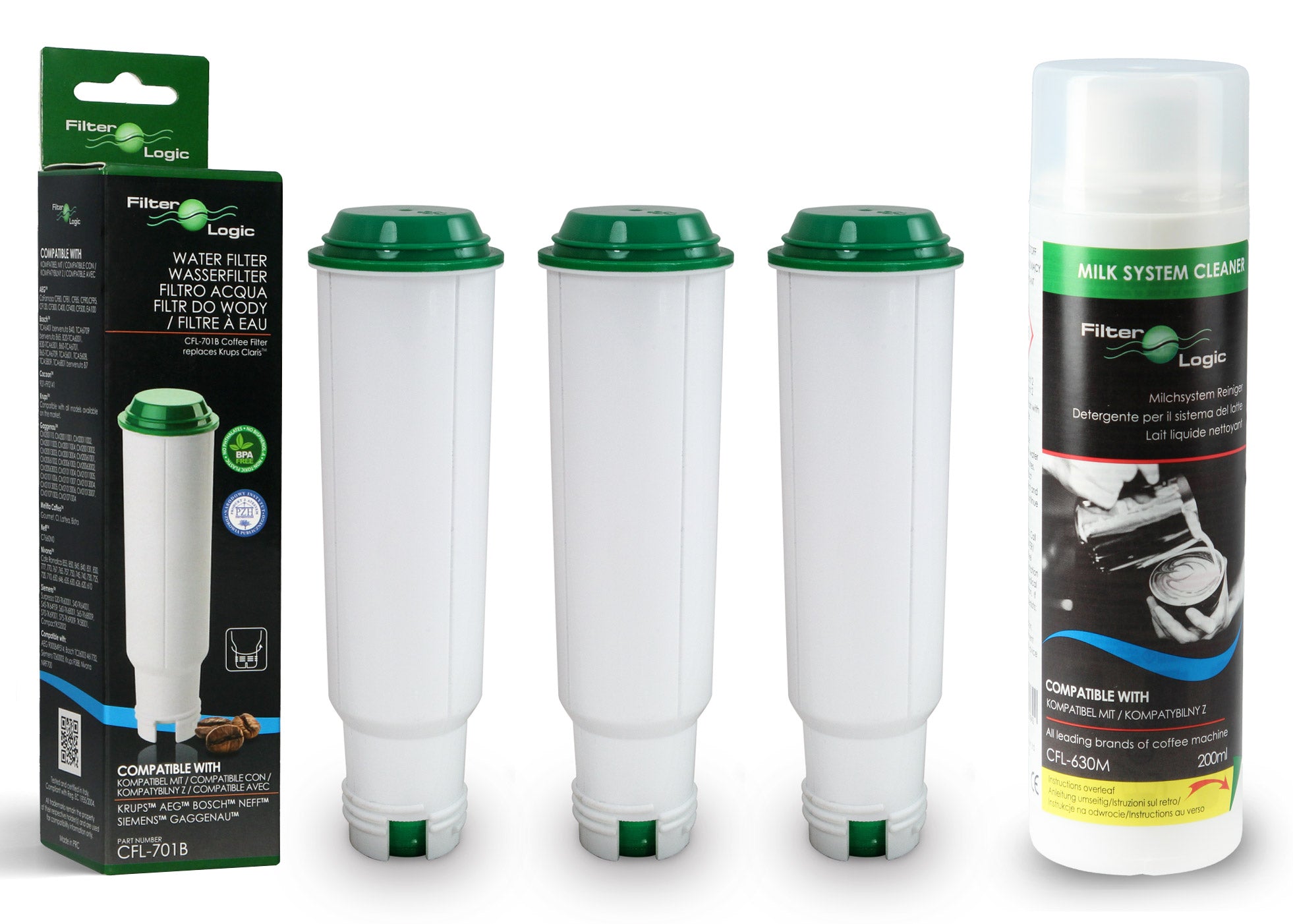 Water filter FilterLogic CFL-701B for Krups machine 3pcs + milk liquid