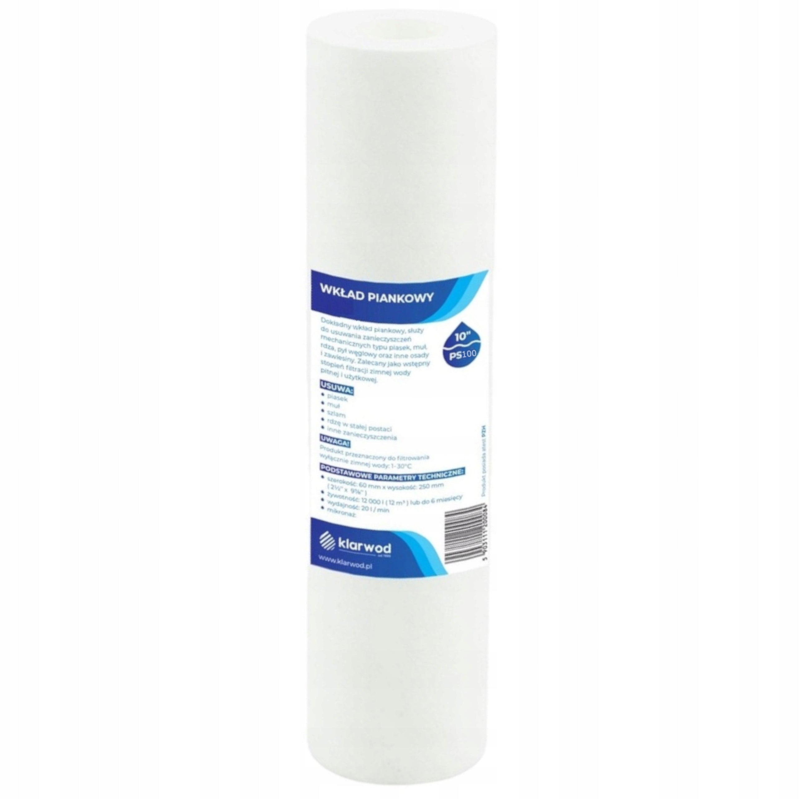 Water filter PS100 filter cartridge 10' foam 100 micron Klarwod EAN (GTIN) 5905930290819