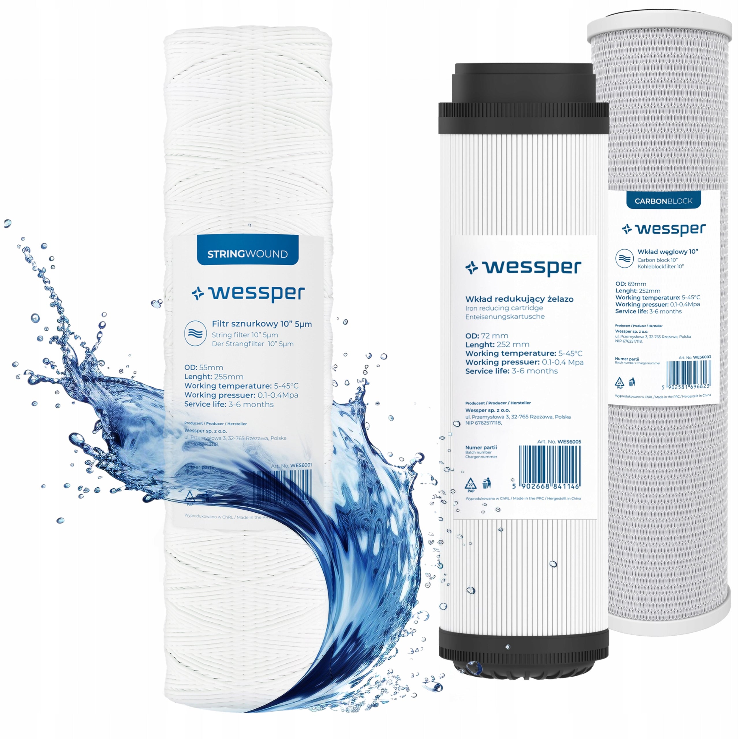 Water filter carbon cartridge de-ironing string Wessper 10" 5 micron