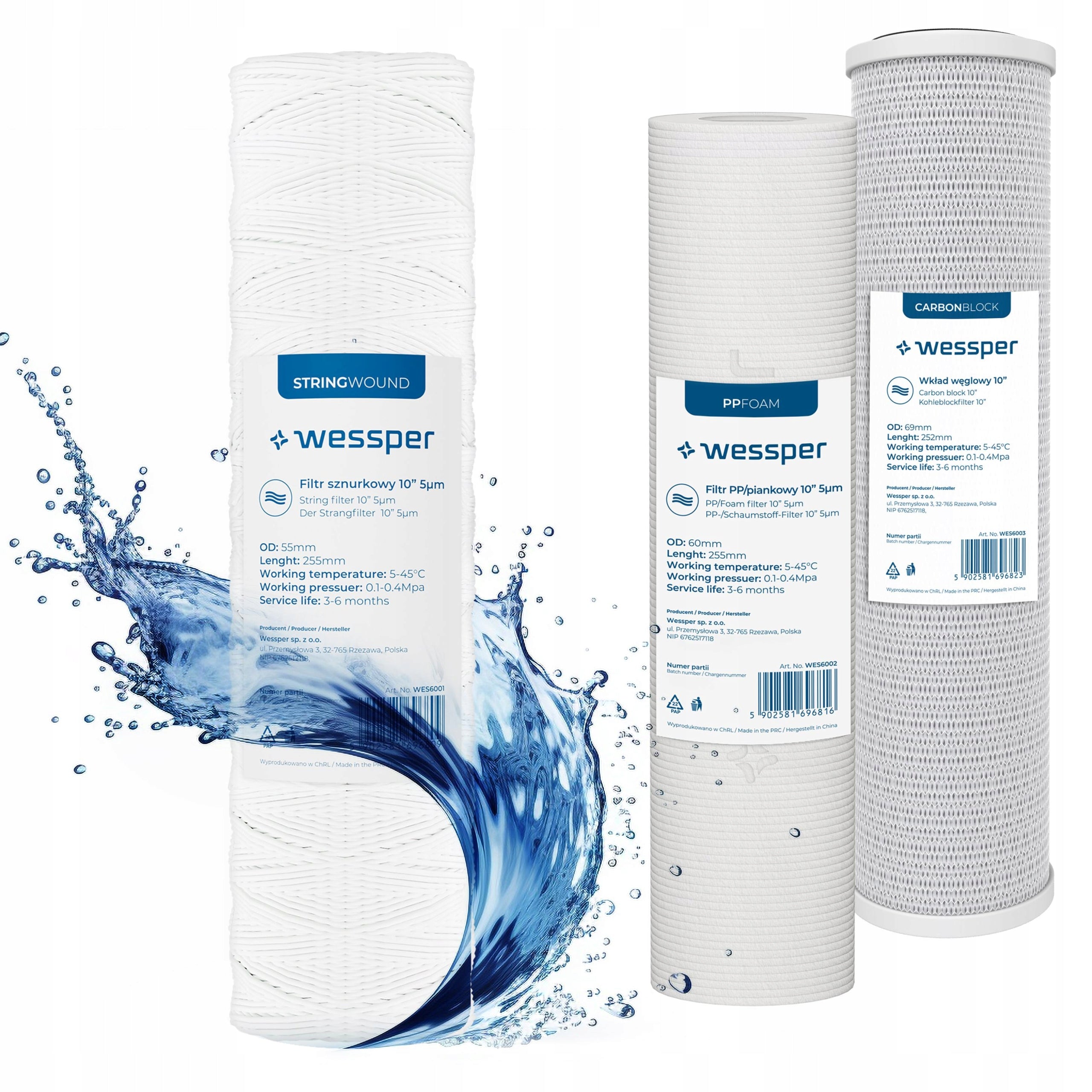 Water filter carbon foam cartridge 10" 5 micron PP5 3 pcs