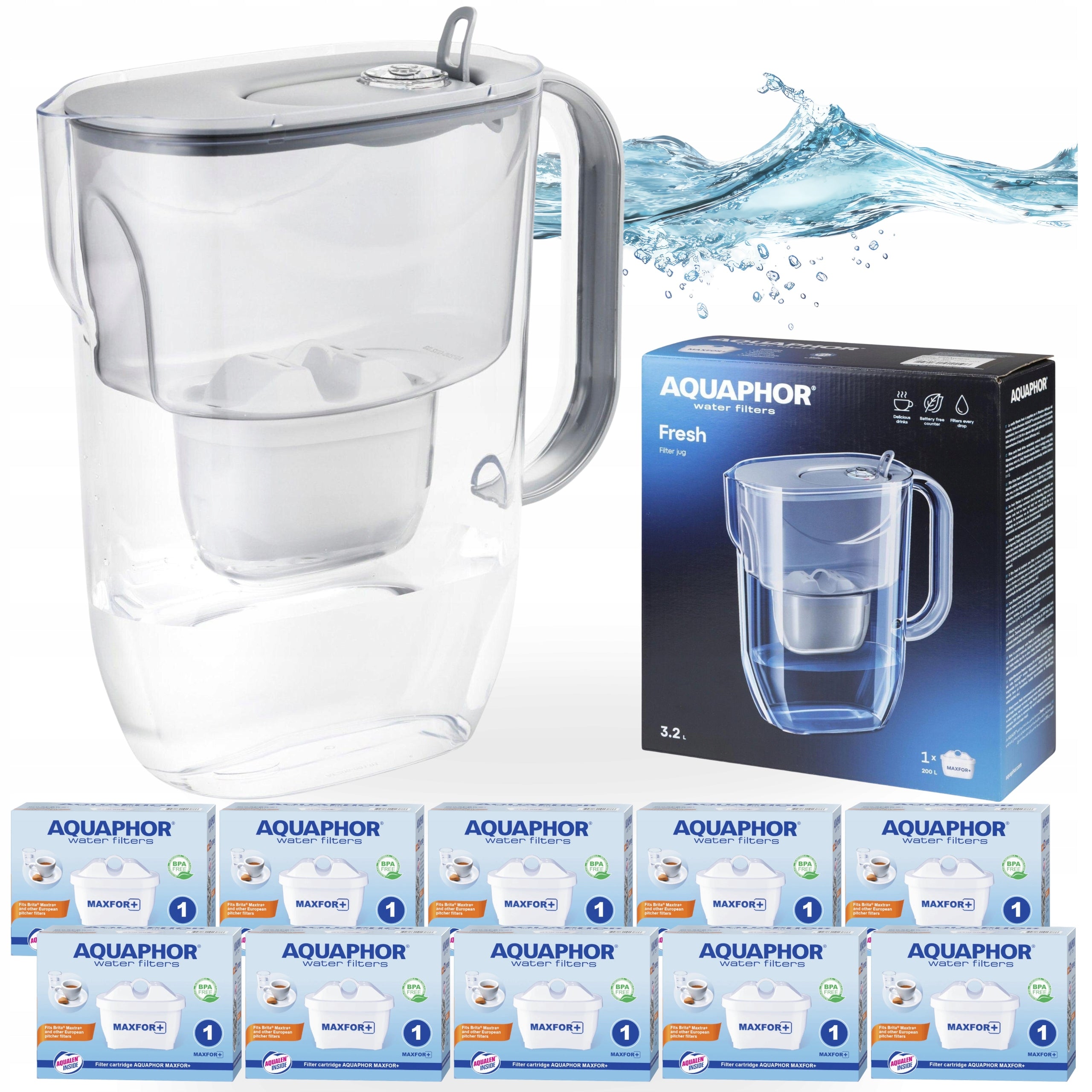 Water filter jug Aquaphor Fresh 3,2L Grey with 10 Maxfor+ cartridges