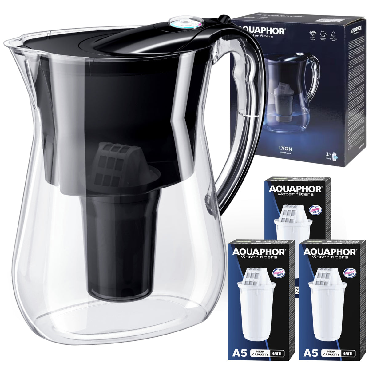 Water filter jug Aquaphor LYON Black 3.8L, 3 carbon cartridges A5