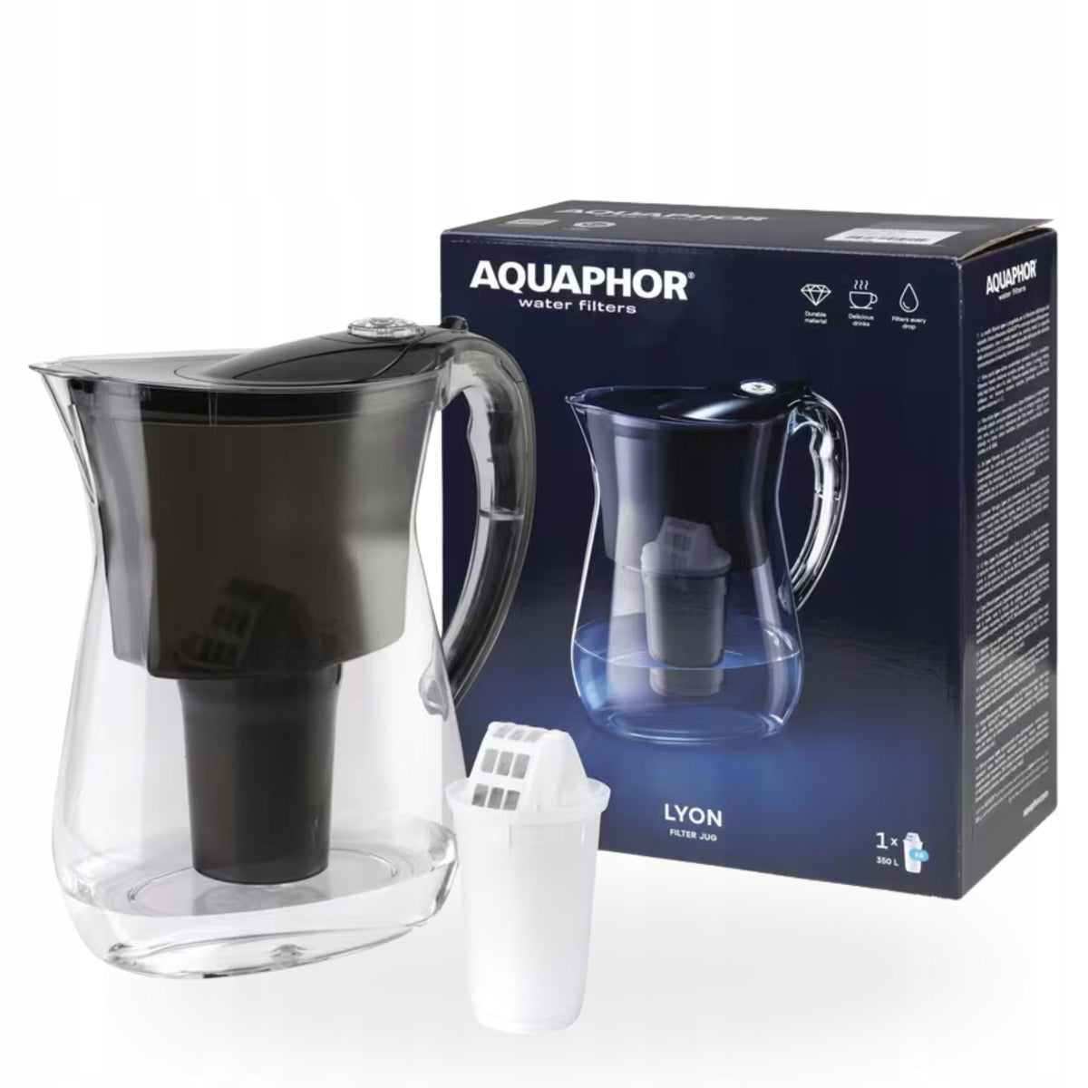 Water filter jug Aquaphor LYON Black 3.8L, 5 carbon cartridges A5 Manufacturer code Aquaphor LYON Czarny 3.8L 5 wkład węglowy A5