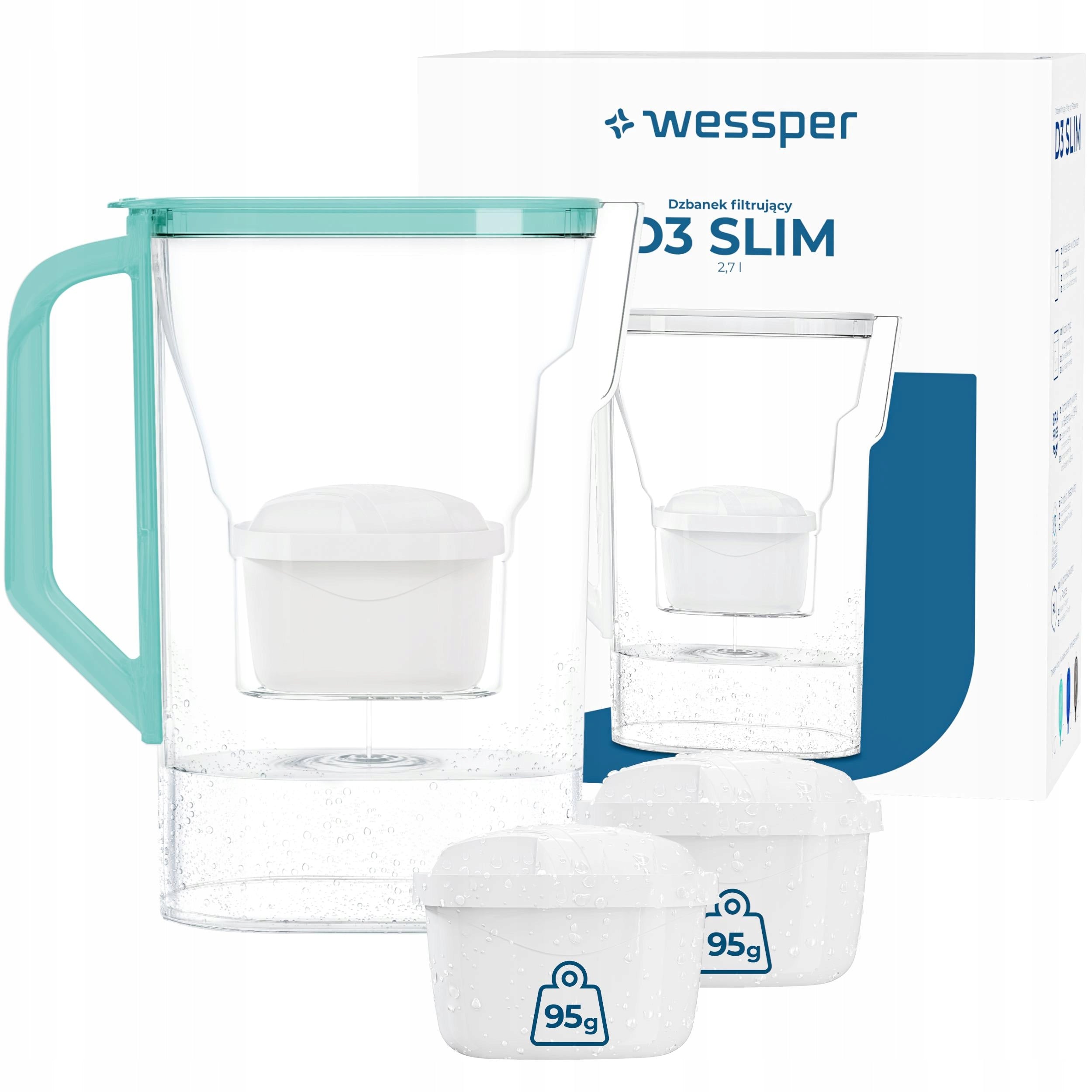 Water filter jug Wessper D3 SLIM 2,7l for refrigerator + 3x water filter