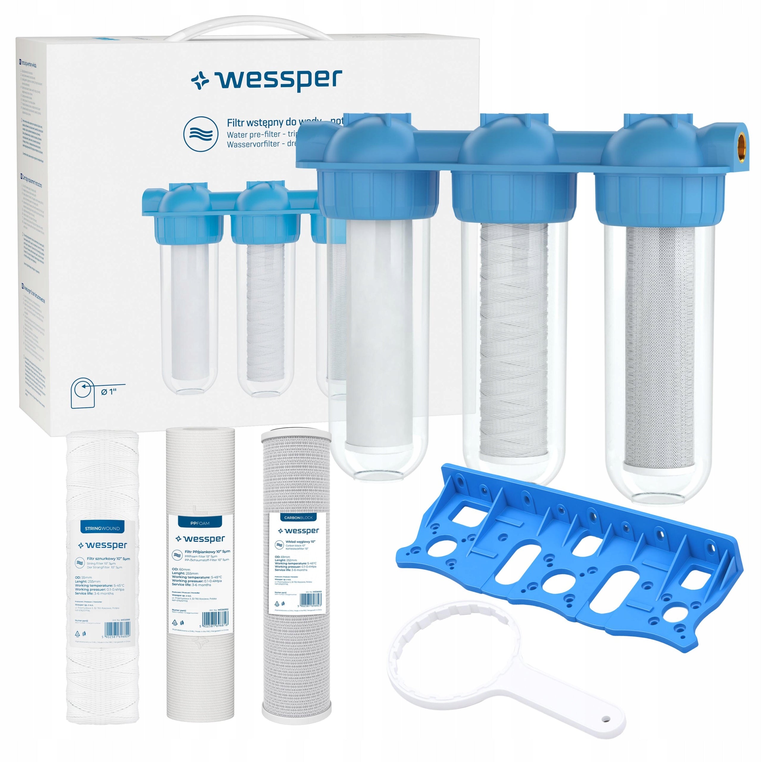 Water filter pre-filtration body 1" 3-stage + cartridges filters 6x