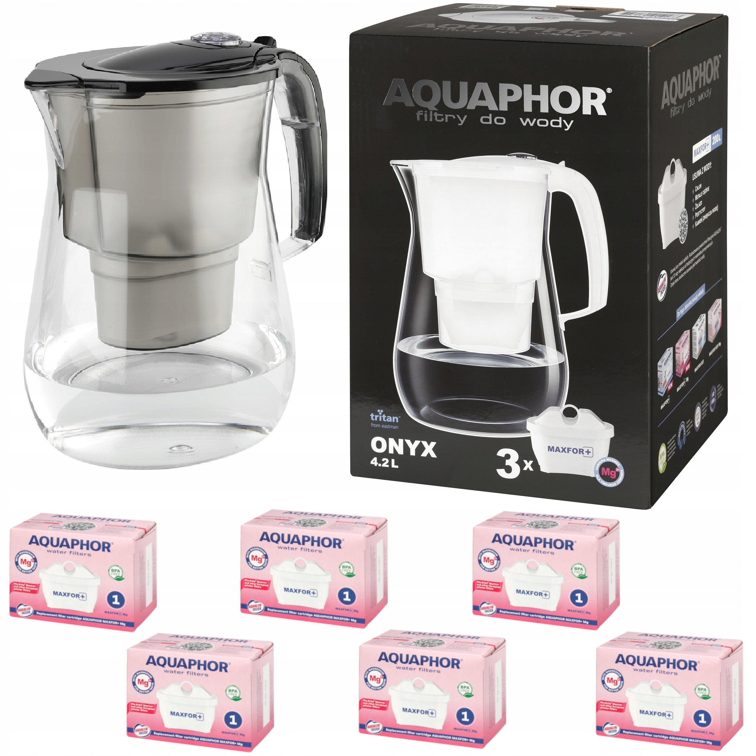Water jug with filter Aquaphor Onyx 4,2l + 6 cartridges Maxfor+ Mg black