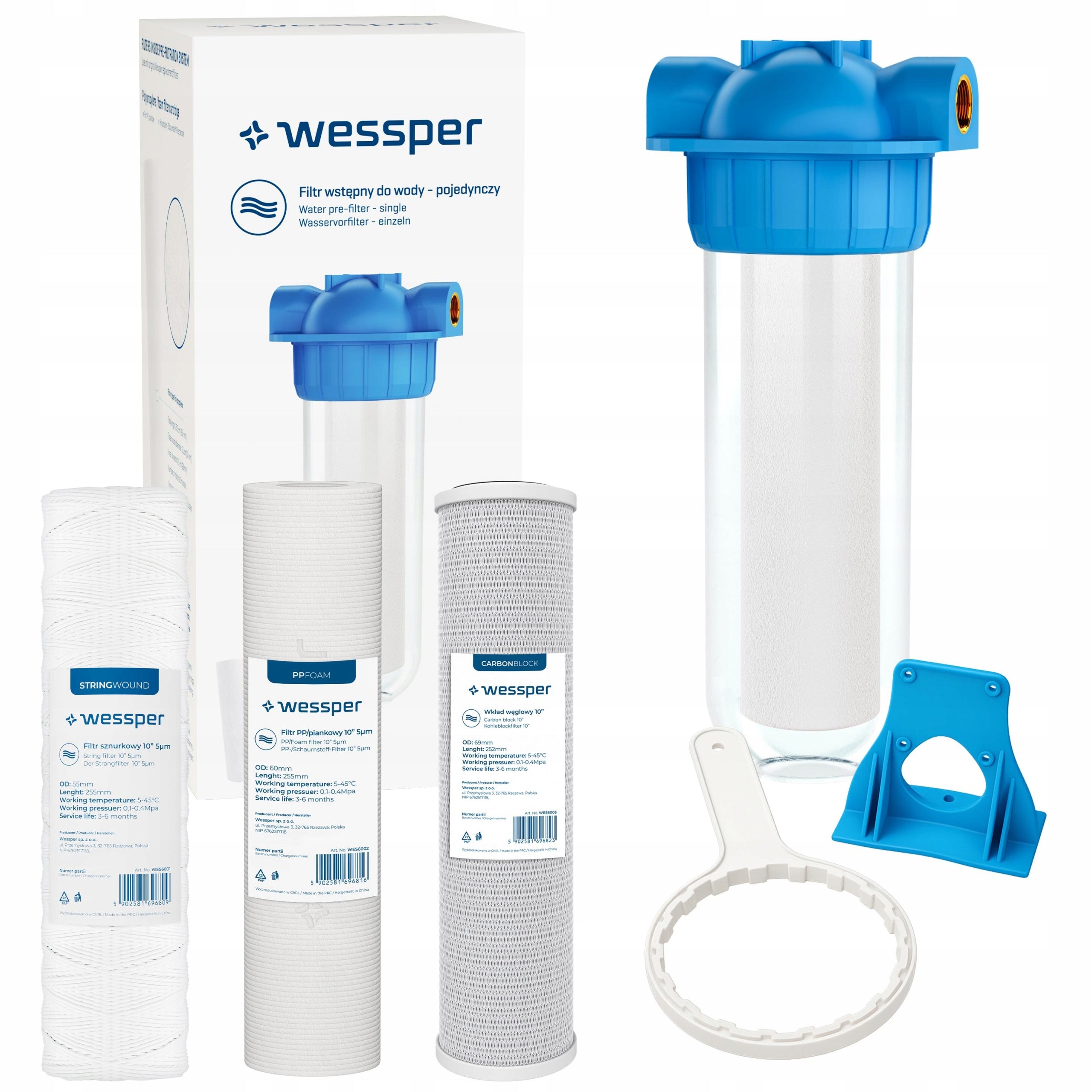 Water pre-filter for water treatment body 1 inch + 4x filter cartridge 10"