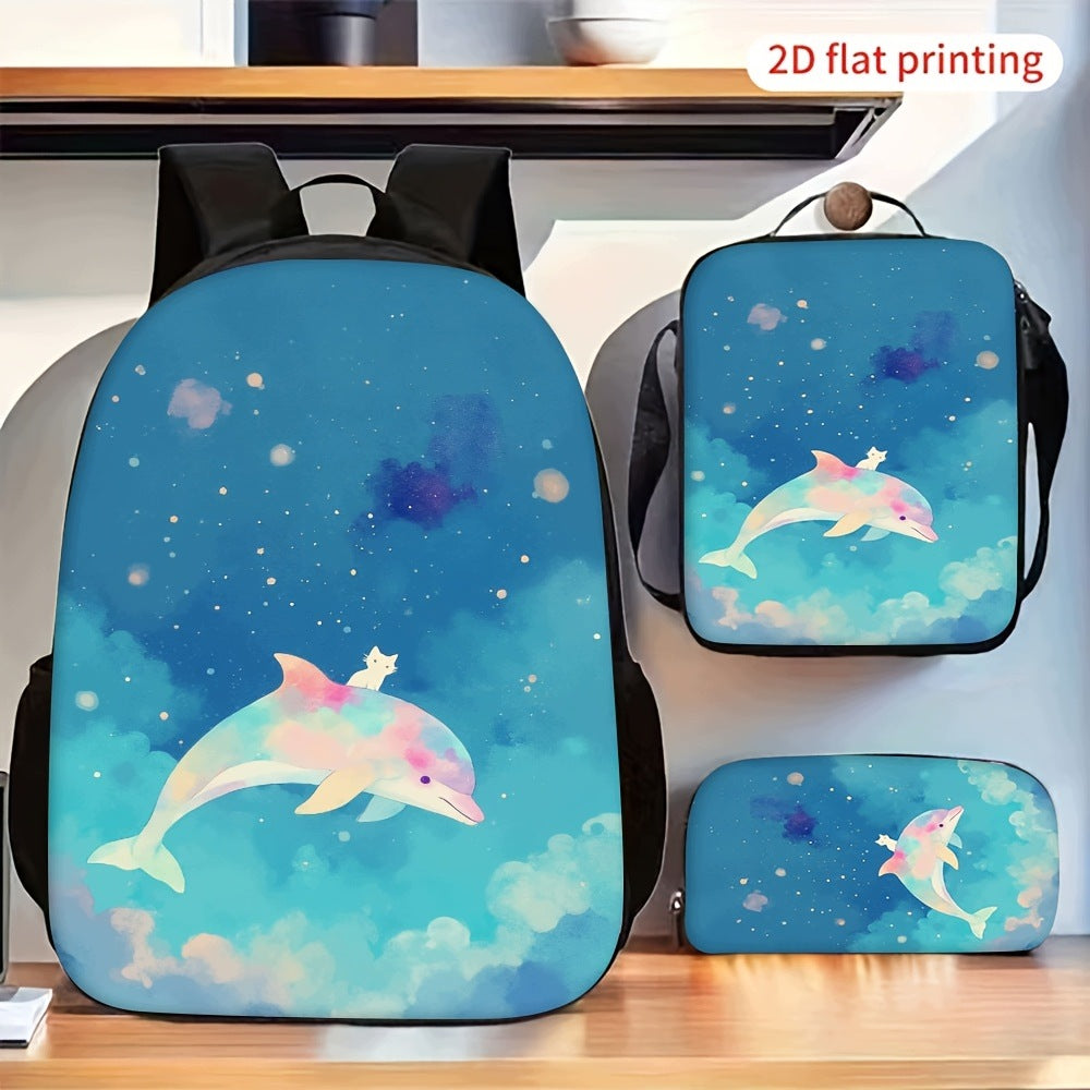 Watercolor Dolphin Cloud Star 3-Piece Backpack Set for Daily Use