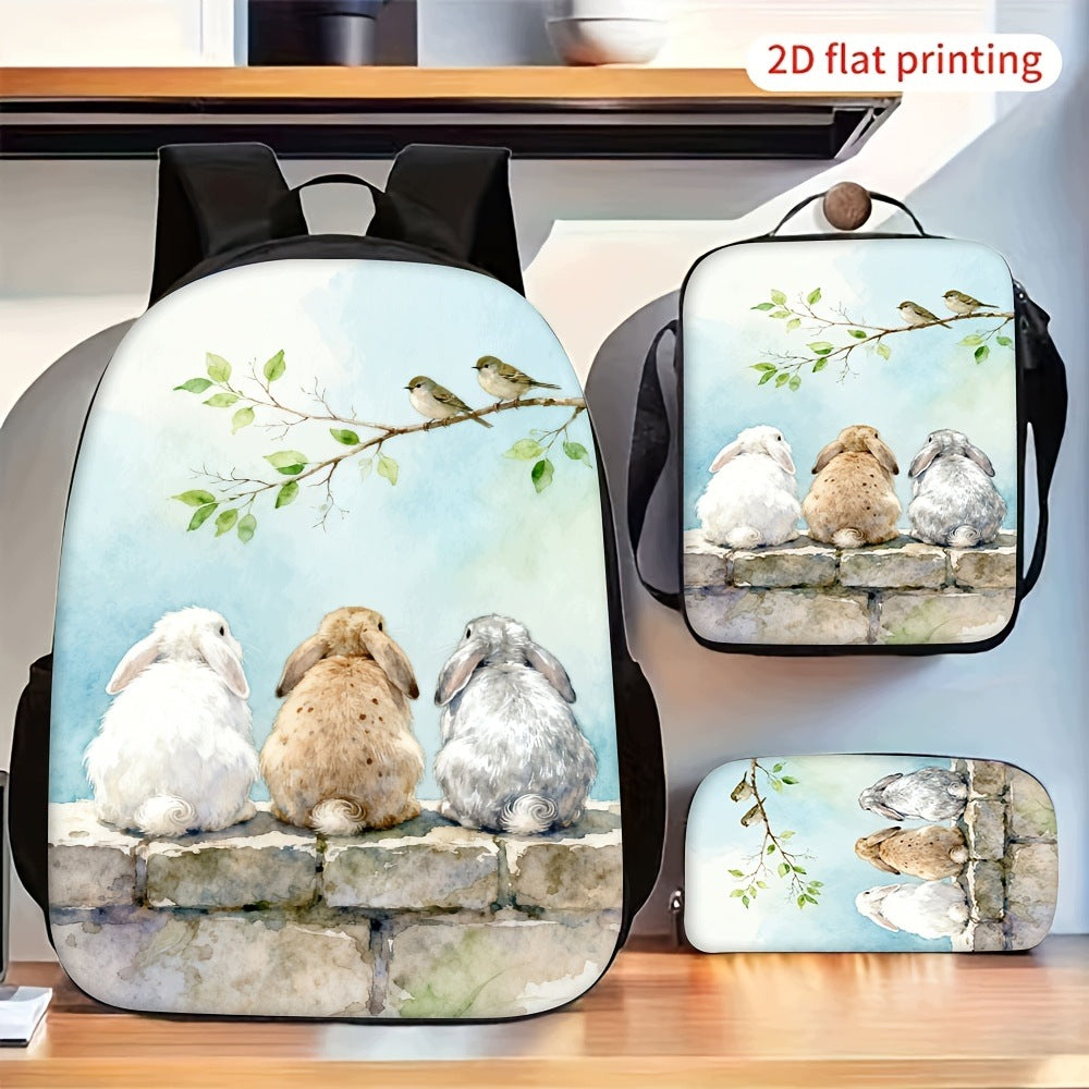 Watercolor Rabbits & Birds Branch 3-Piece Backpack Set for Daily Use