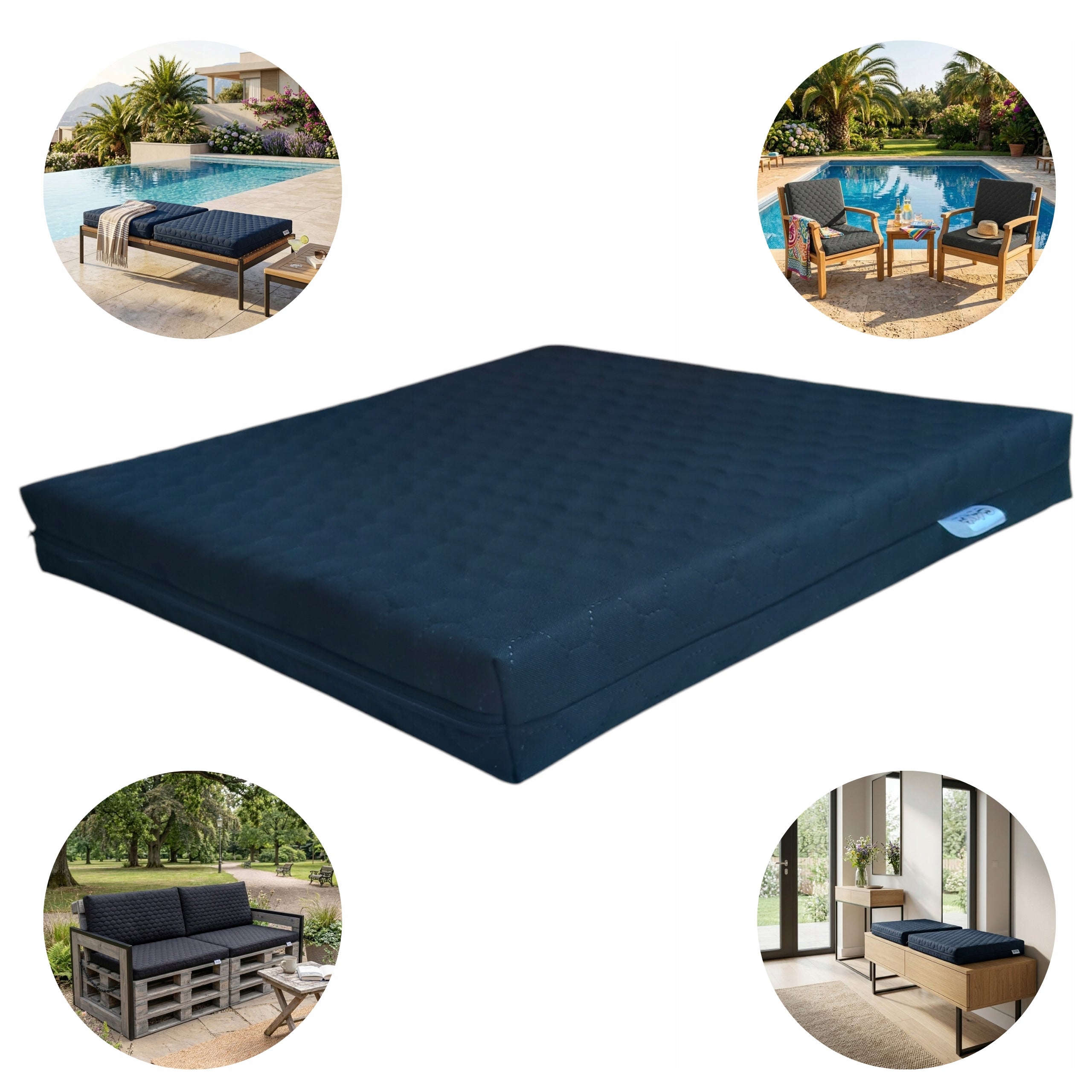 Waterproof garden cushion with sponge 50x100x6 cm–black quilted hexagons
