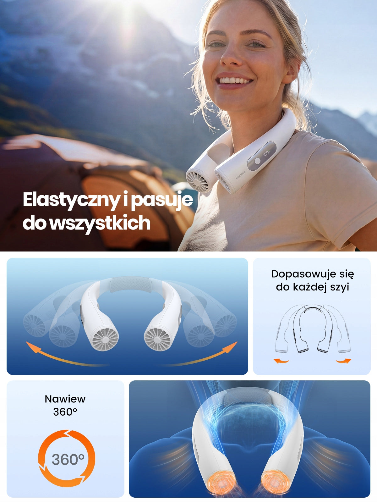 Wentylator na Szyję Warmco Wiatrak Sportowy Bezłopatkowy USB Cichy 10000mAh Fan type mini