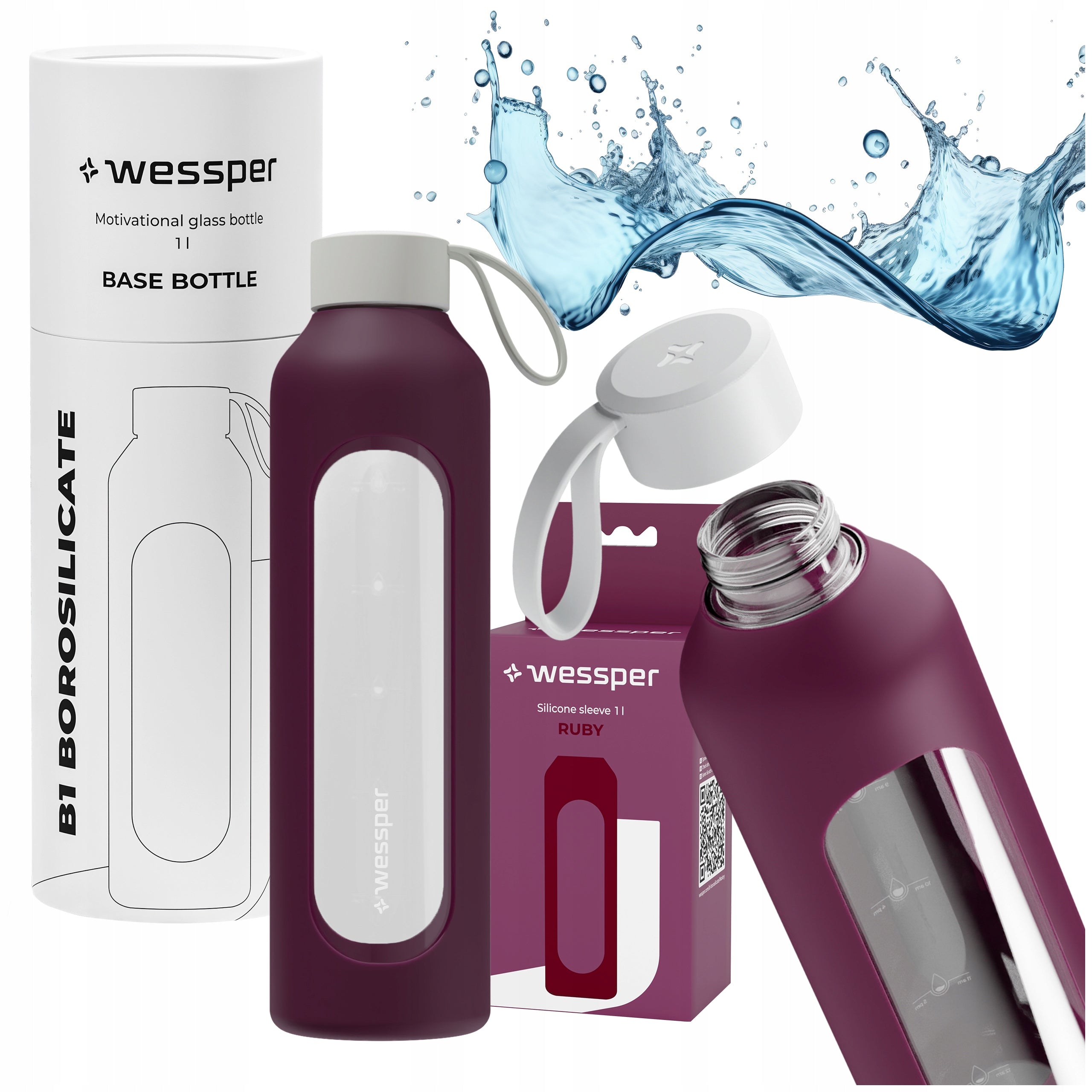 Wessper B1 glass bottle 1l airtight motivational water bottle with measuring cup