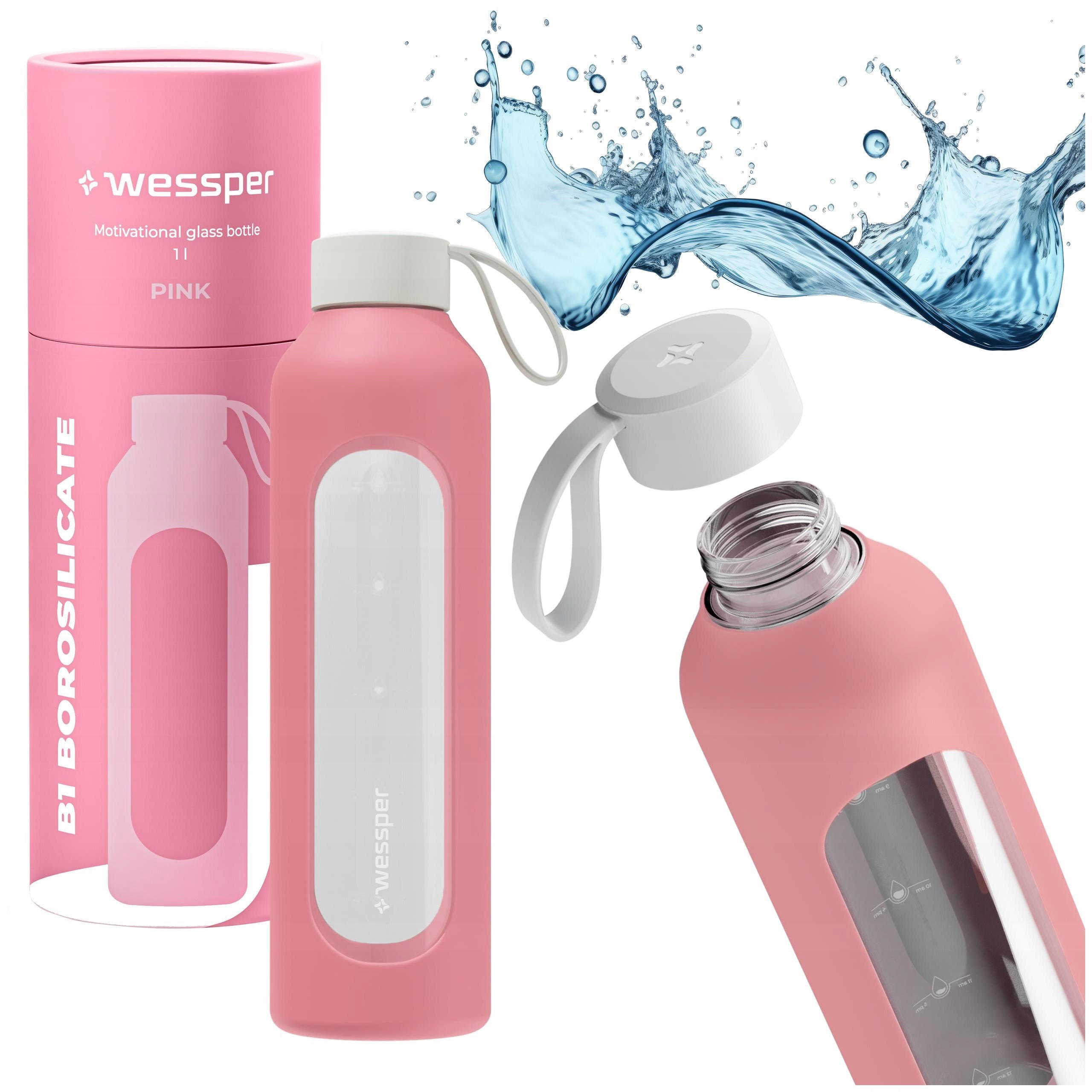 Wessper B1 glass bottle 1l airtight motivational water bottle with measuring cup