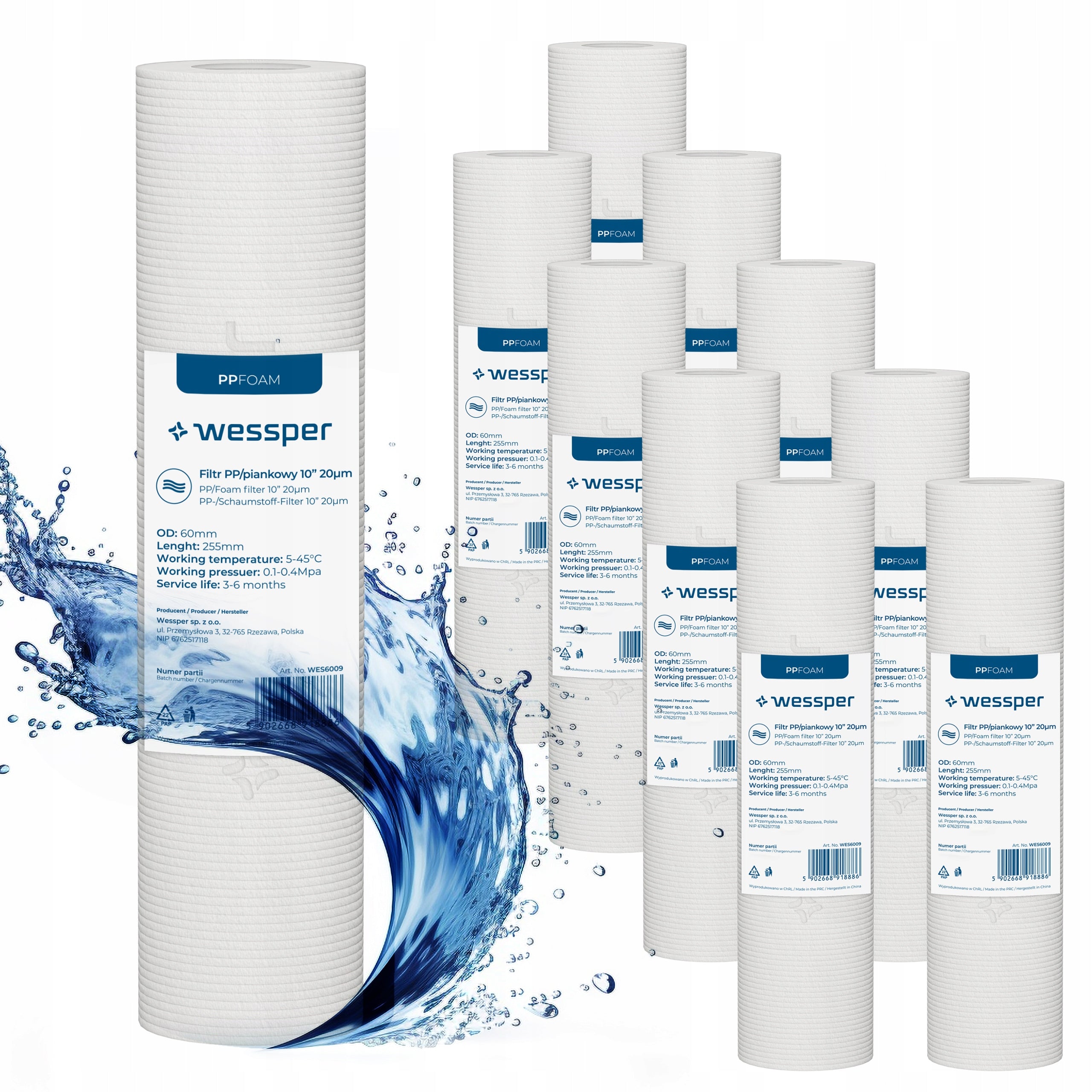 Wessper water filter foam filtration 10" preliminary 20 micron PP20 10 pcs